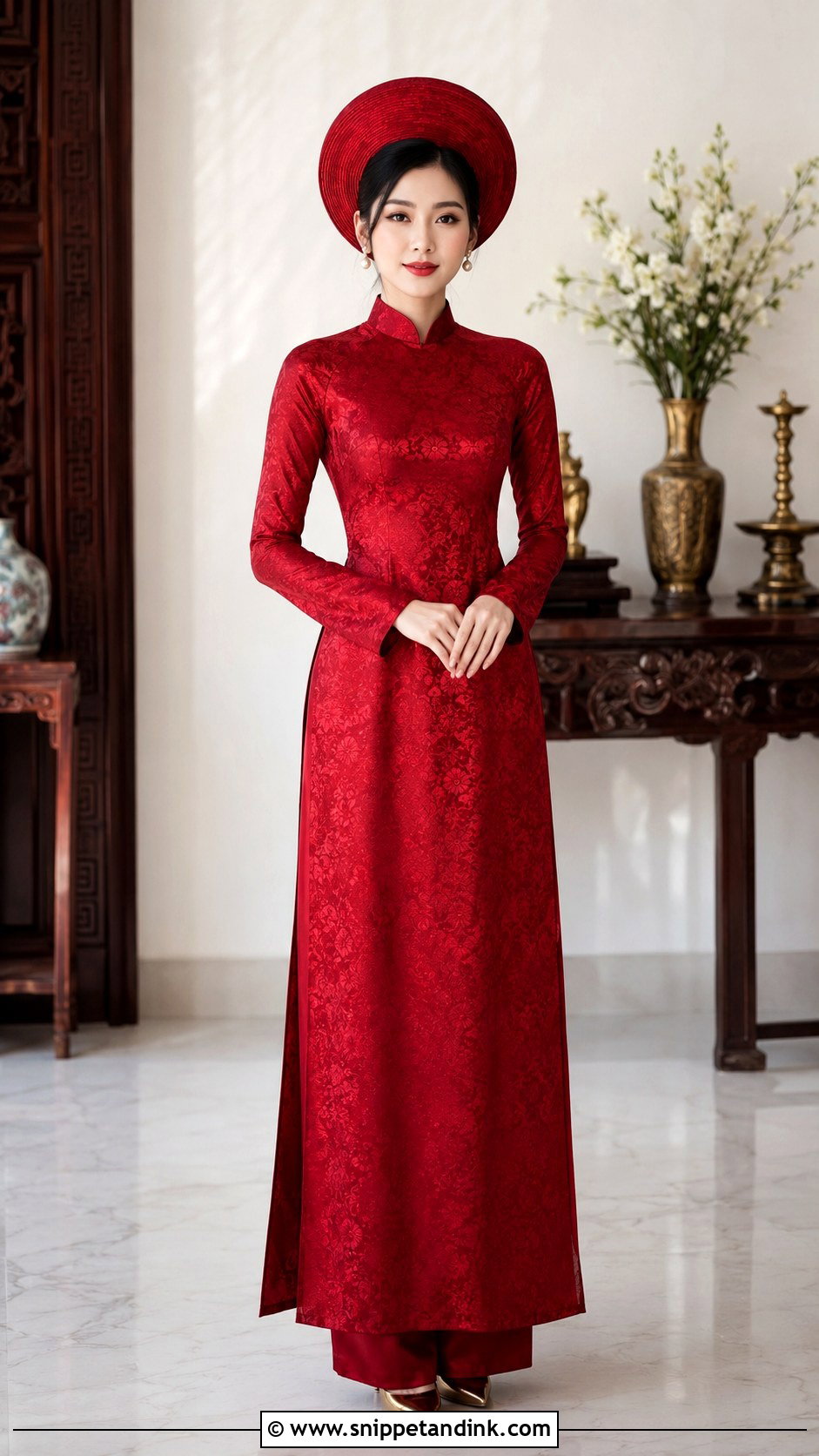 Red Brocade Ao Dai With Khn ng - Snippet and Ink - 25 Wedding Ao Dai Ideas