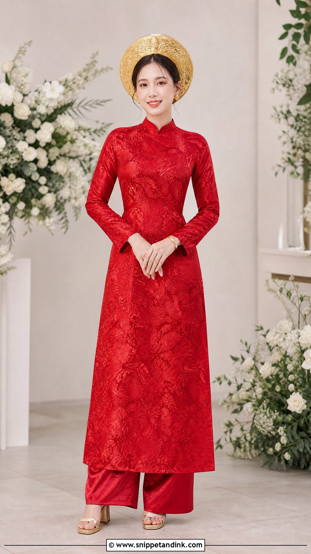 Red Brocade Ao Dai With Matching Pants - Snippet and Ink - 20 Red Ao Dai Wedding Ideas