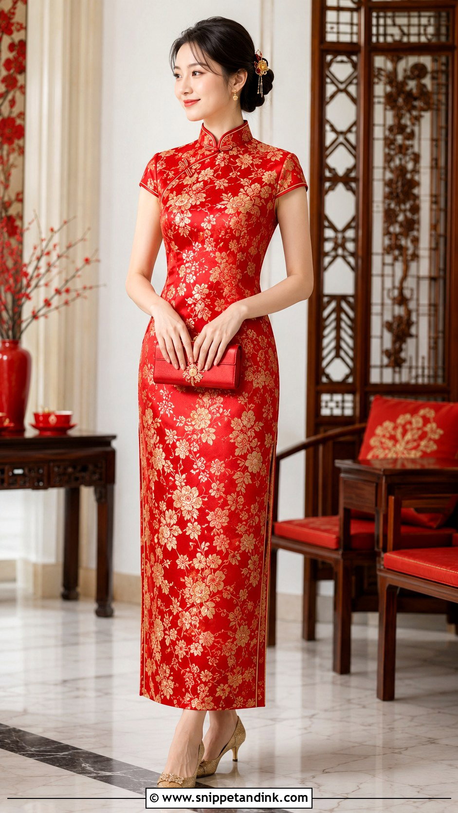 Red Brocade Wedding Qipao With Cap Sleeves - Snippet and Ink - 20 Wedding Qipao Ideas