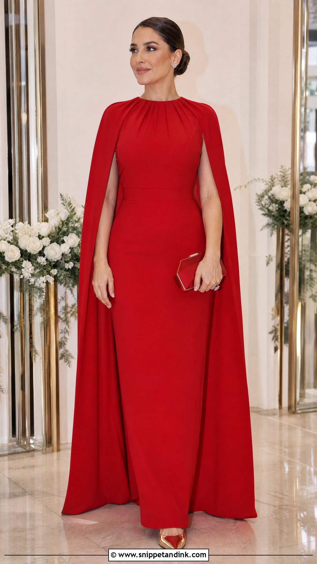 Red Cape Sleeve Evening Gown - Snippet and Ink - 20 Regal Dress Gowns