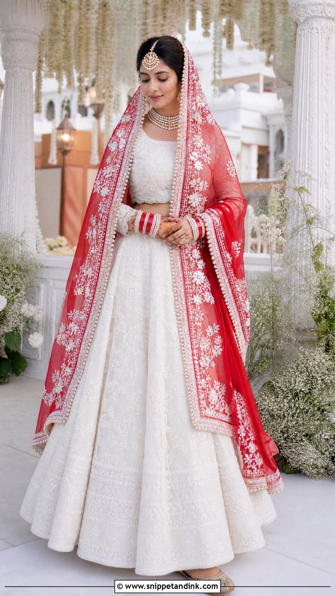 Red Chikankari Dupatta With White Lehenga - Snippet and Ink - 20 Red Dupatta for Bride Ideas