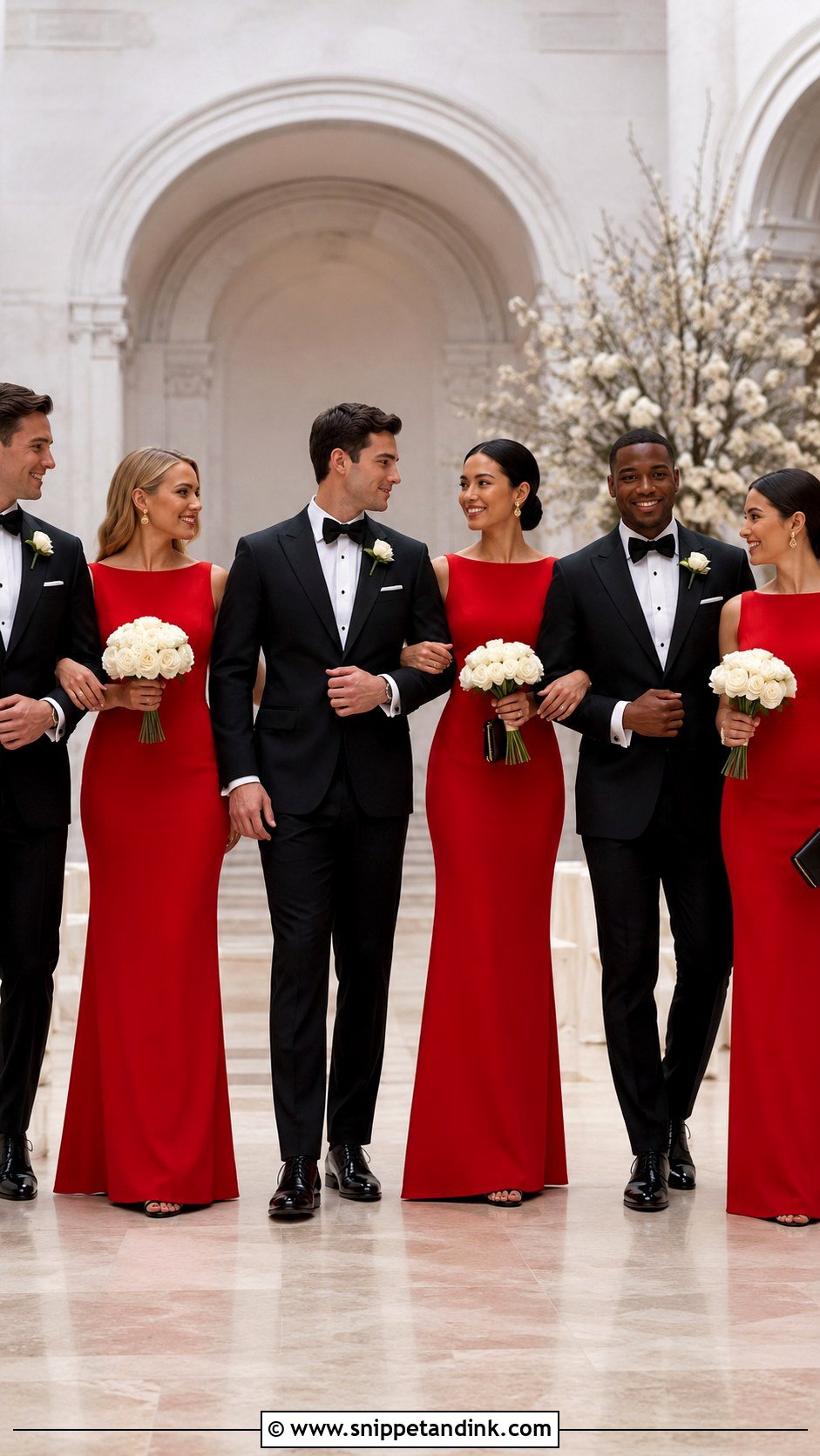 Red Column Gown Black Tie Bridal Party - Snippet and Ink - 20 Black Tie Bridal Party Ideas