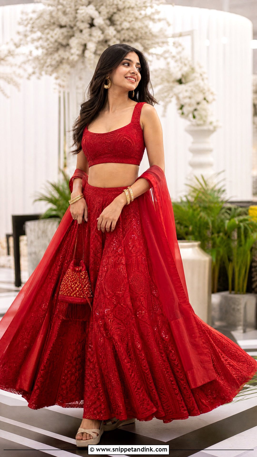 Red Crop Top Sangeet Lehenga - Snippet and Ink - 20 Red Sangeet Outfit Ideas