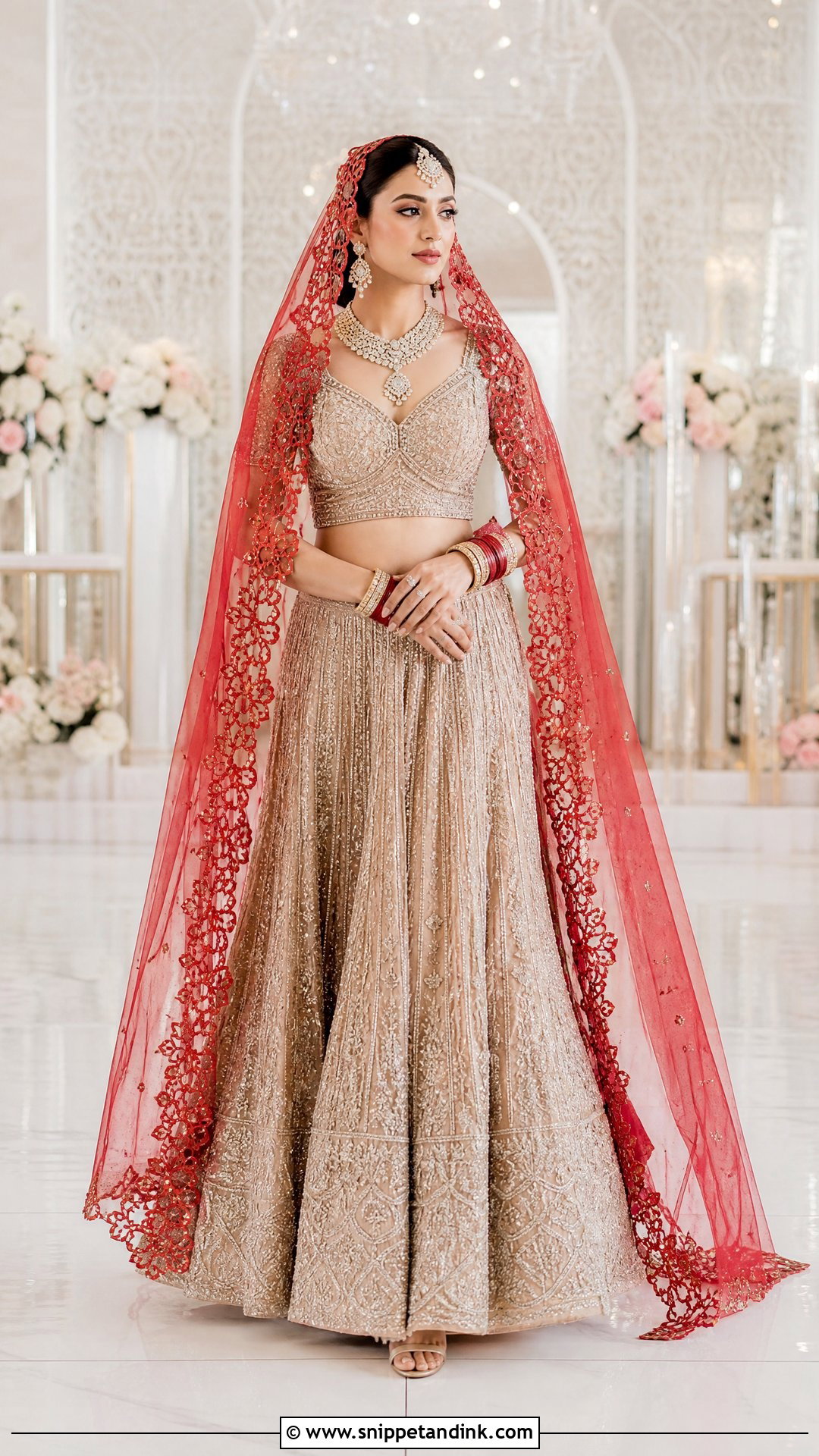 Red Cutwork Dupatta With Champagne Lehenga - Snippet and Ink - 20 Red Dupatta for Bride Ideas