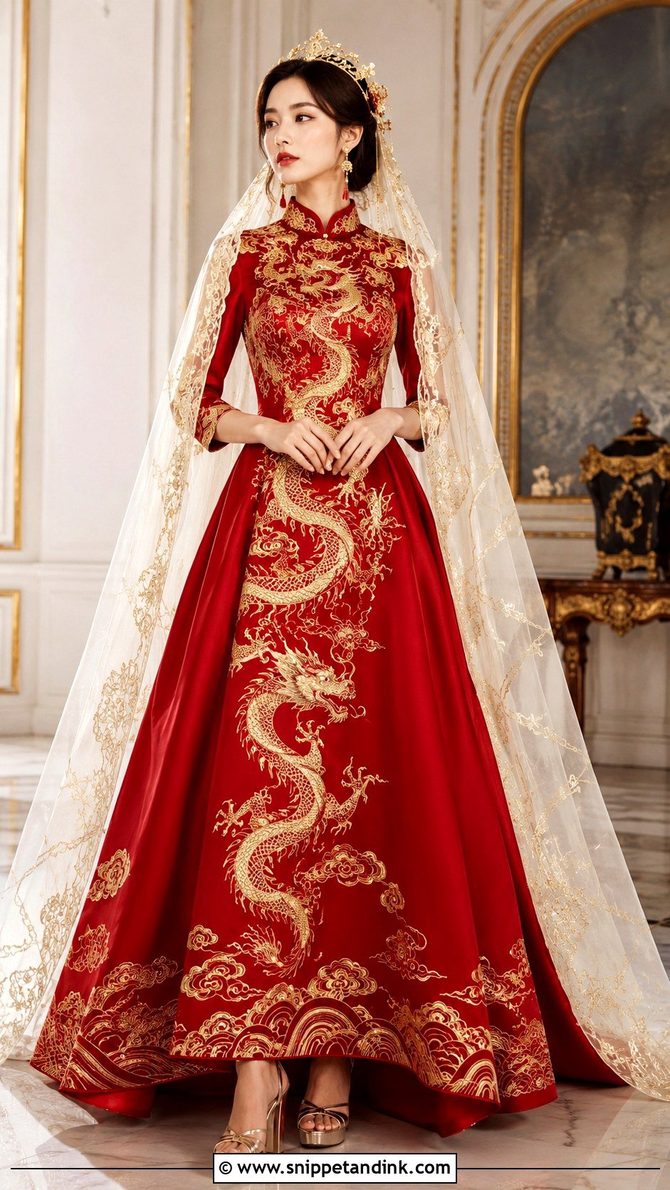 Red Dragon Wedding Dress With Gold Details - Snippet and Ink - 20 Dragon Wedding Dress Ideas