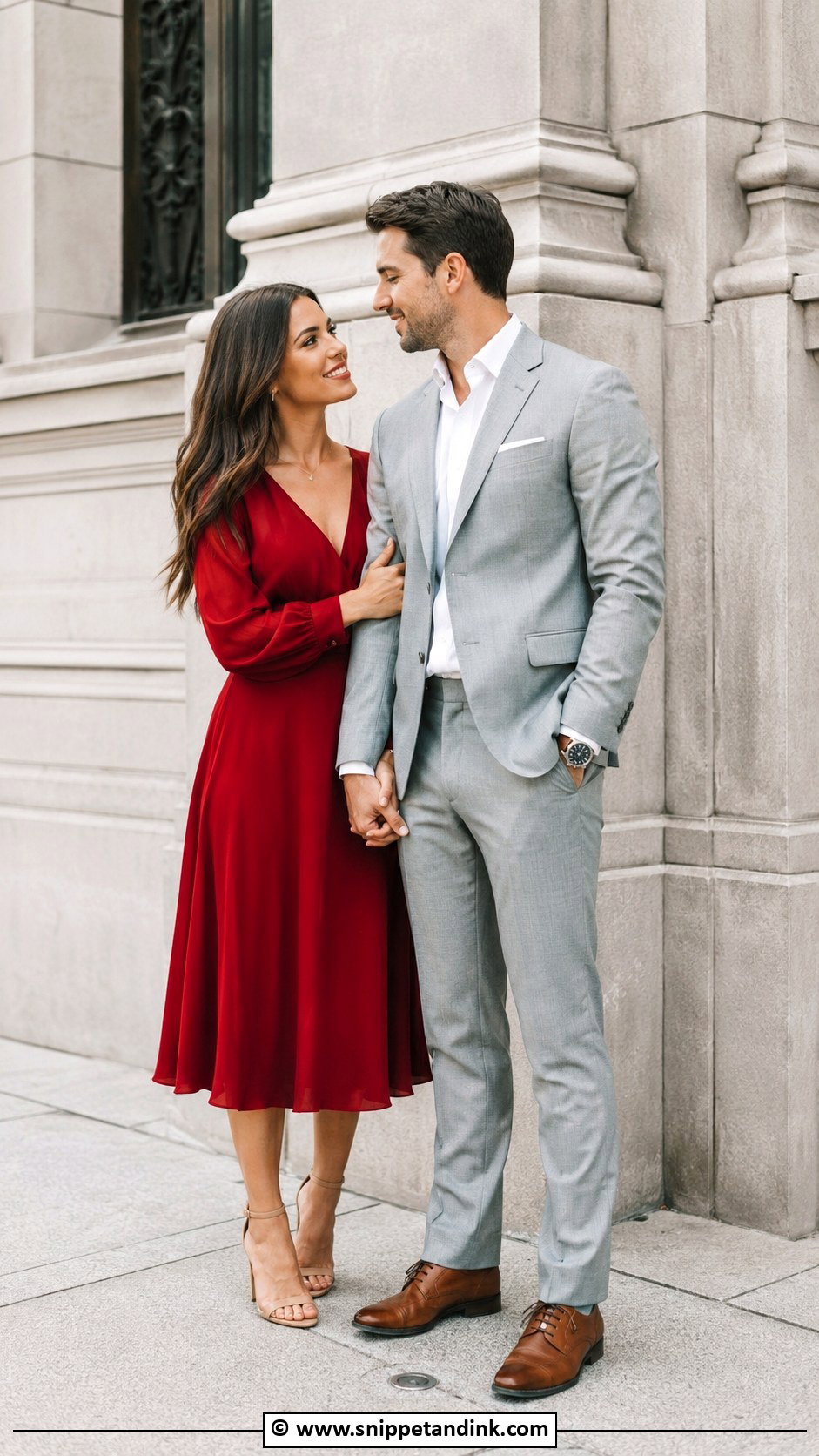 Red Dress And Gray Suit Couples Photoshoot Outfit - Snippet and Ink - 30 Couples Photoshoot Outfits