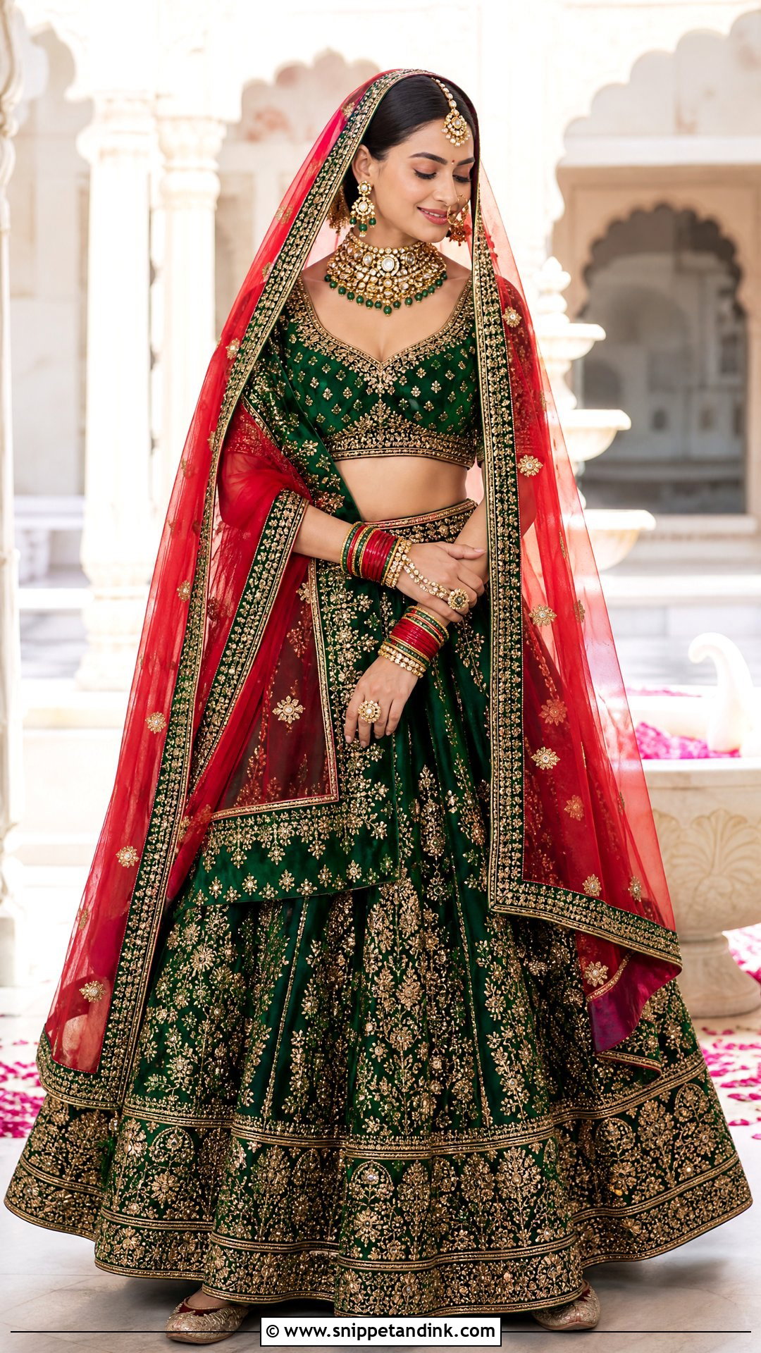 Red Dupatta With Green Bridal Lehenga - Snippet and Ink - 20 Red Dupatta for Bride Ideas
