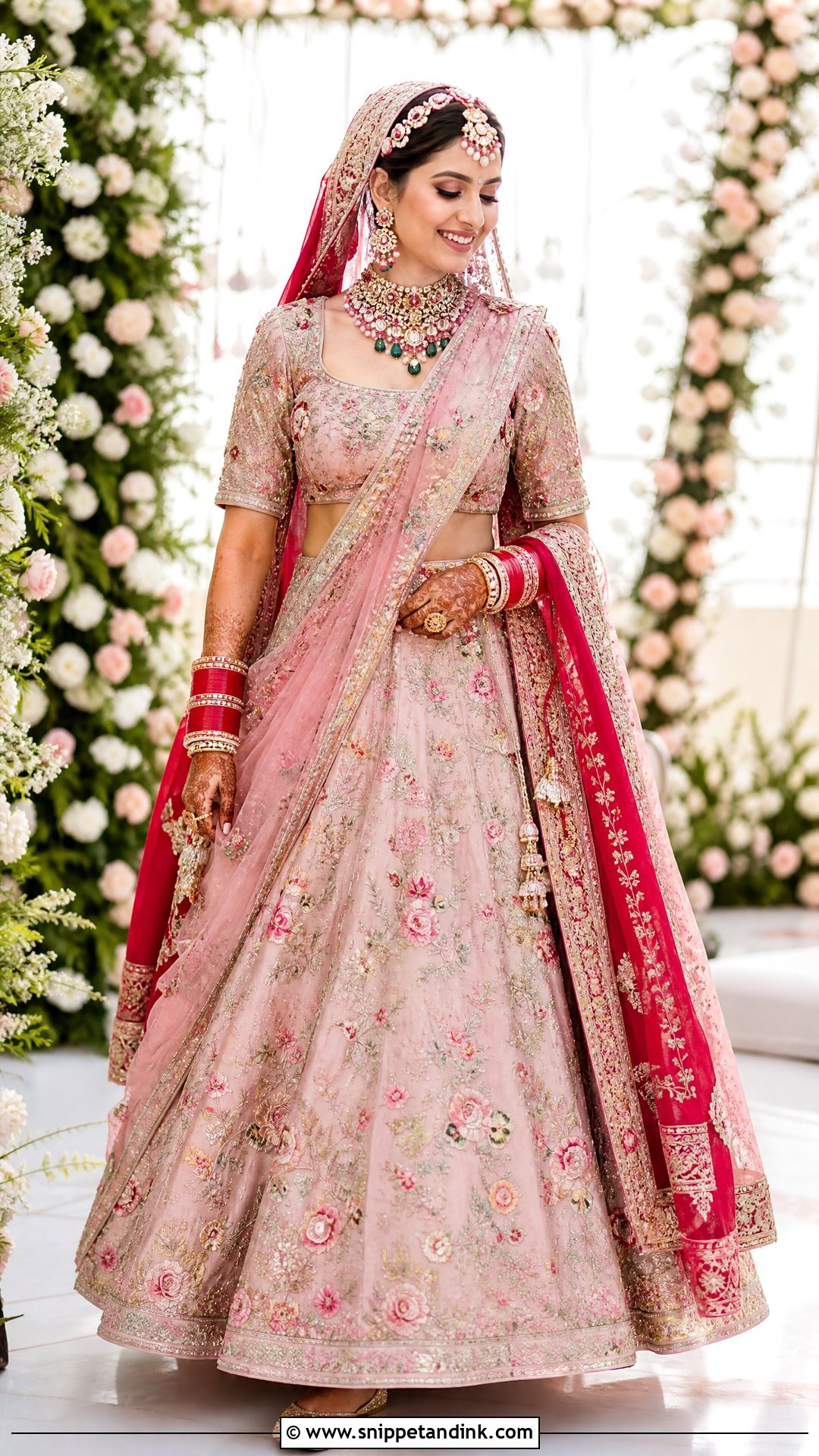 Red Embroidered Dupatta With Blush Pink Lehenga - Snippet and Ink - 20 Red Dupatta for Bride Ideas
