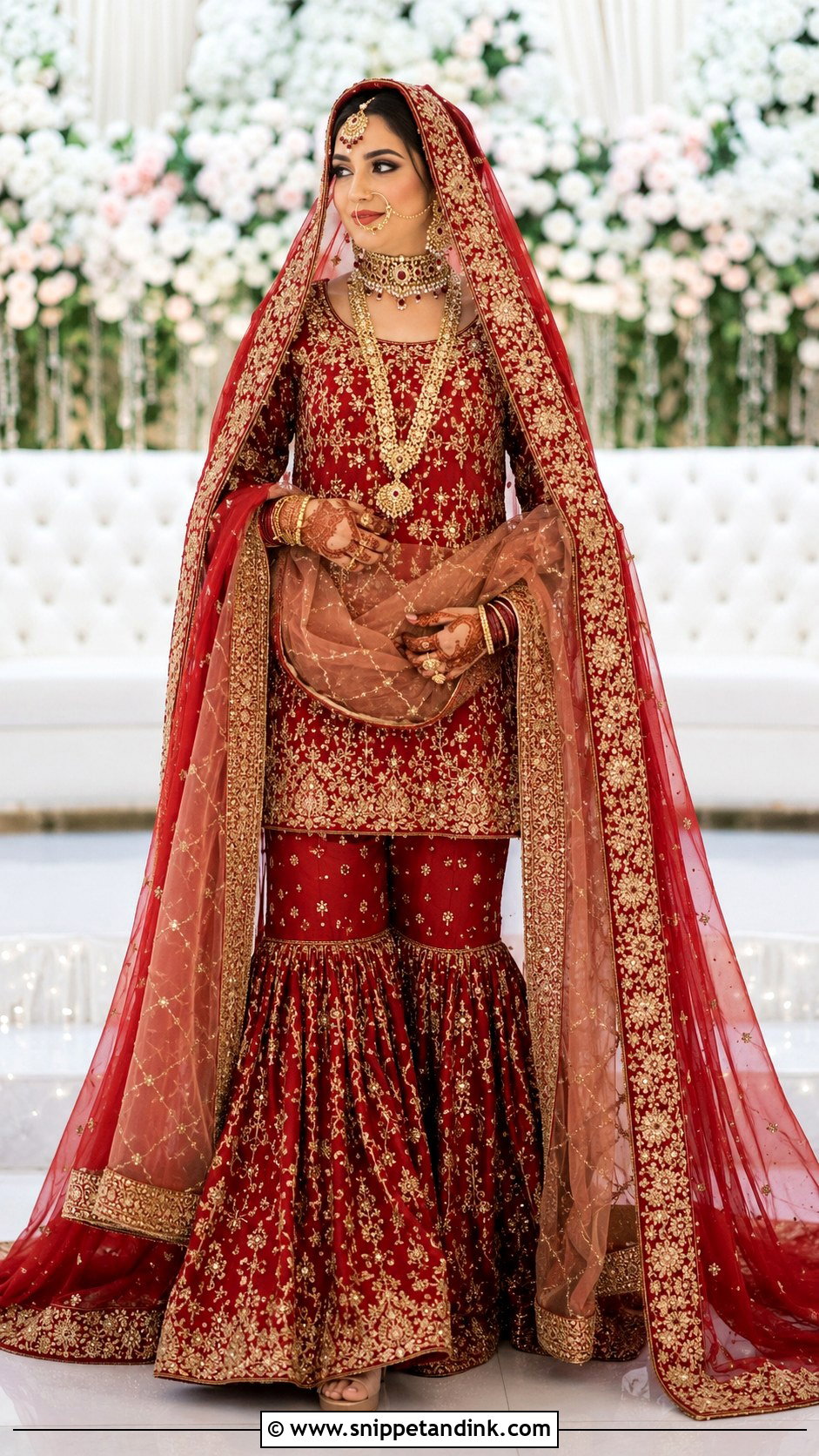 Red Farshi Gharara With Gold Embroidery - Snippet and Ink - 20 Red Baraat Dress Pakistani Bridal Wear Ideas