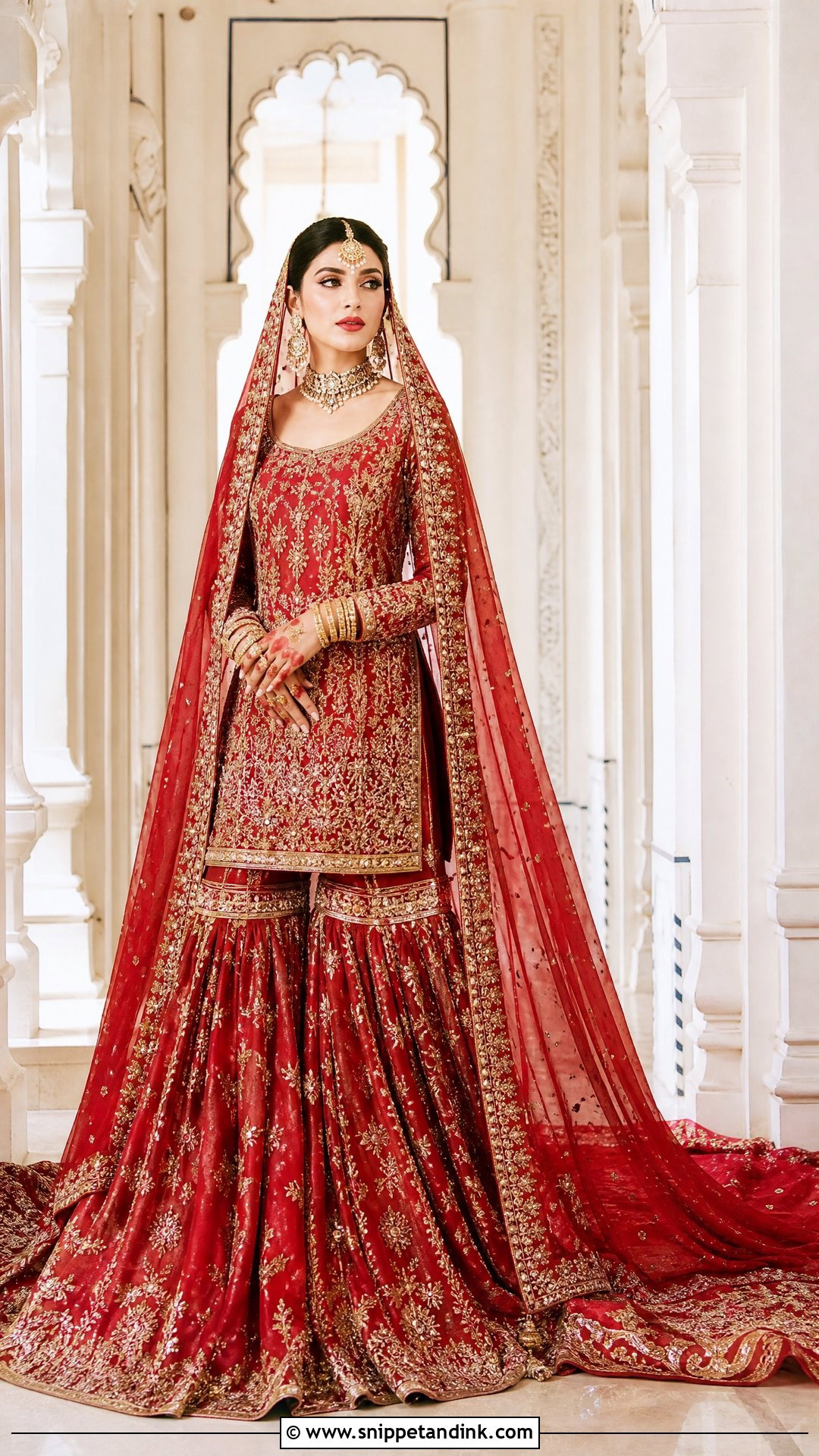 Red Farshi Gharara With Long Train - Snippet and Ink - 20 Red Bridal Gharara Ideas