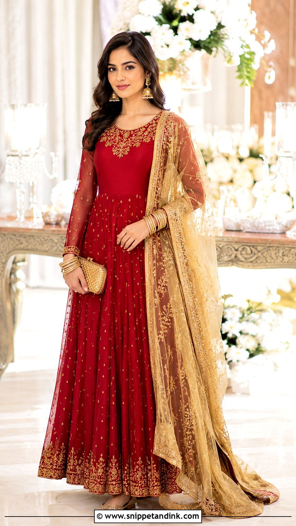 Red Floor Length Anarkali Suit With Gold Dupatta - Snippet and Ink - 25 Red Anarkali Wedding Suits