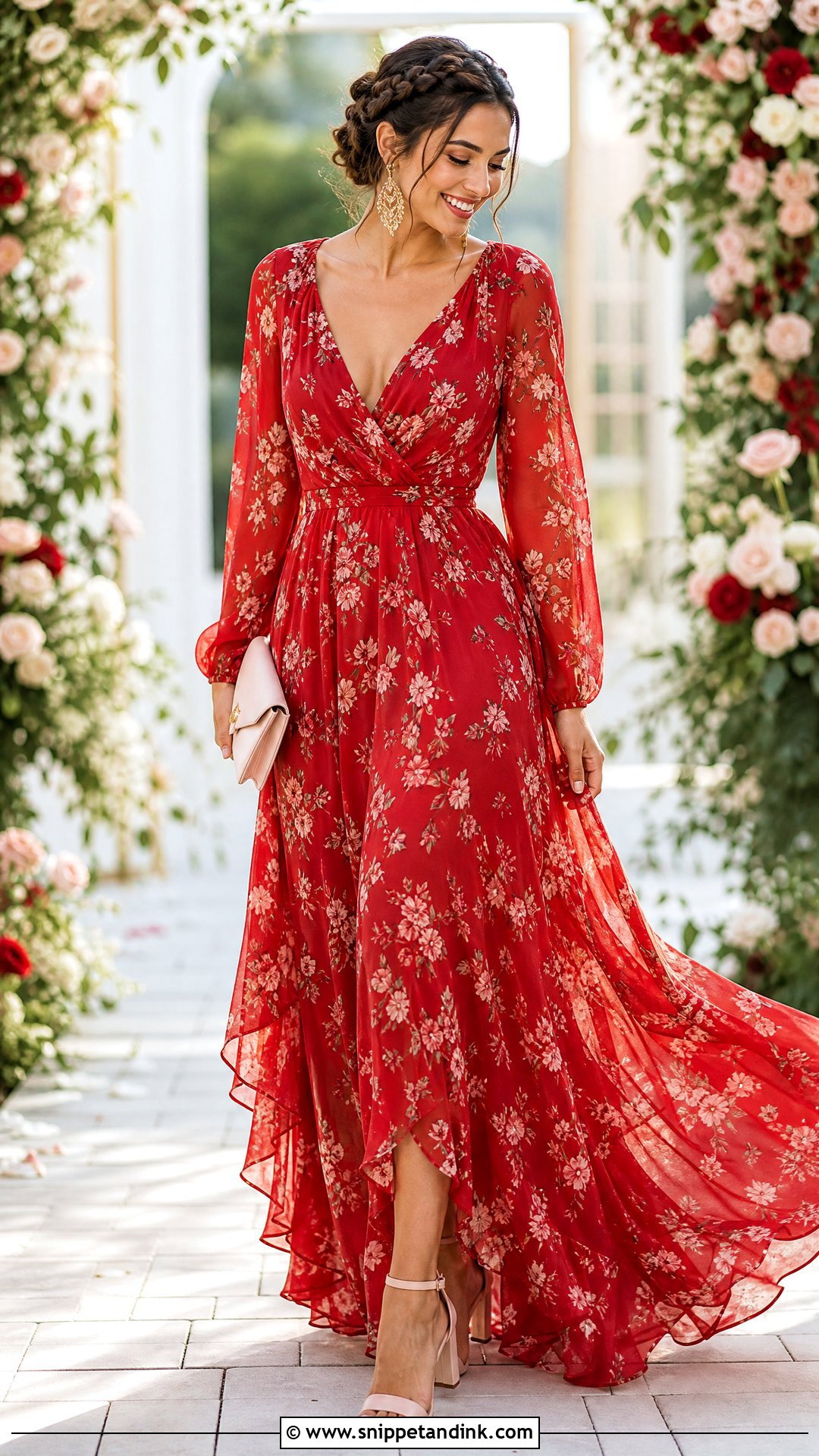 Red Floral Chiffon Maxi Dress for Wedding - Snippet and Ink - 25 Red Dress for Wedding Ideas