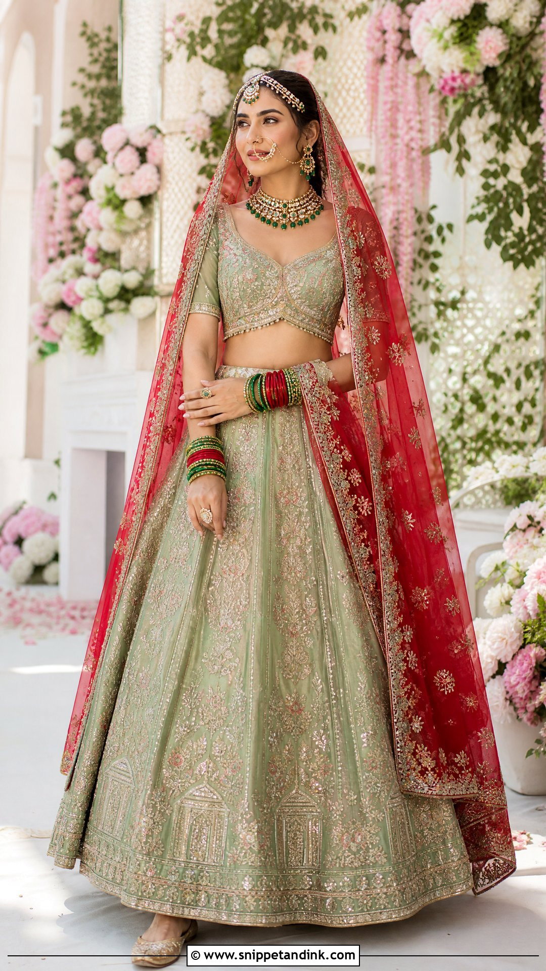 Red Floral Dupatta With Pastel Green Lehenga - Snippet and Ink - 20 Red Dupatta for Bride Ideas