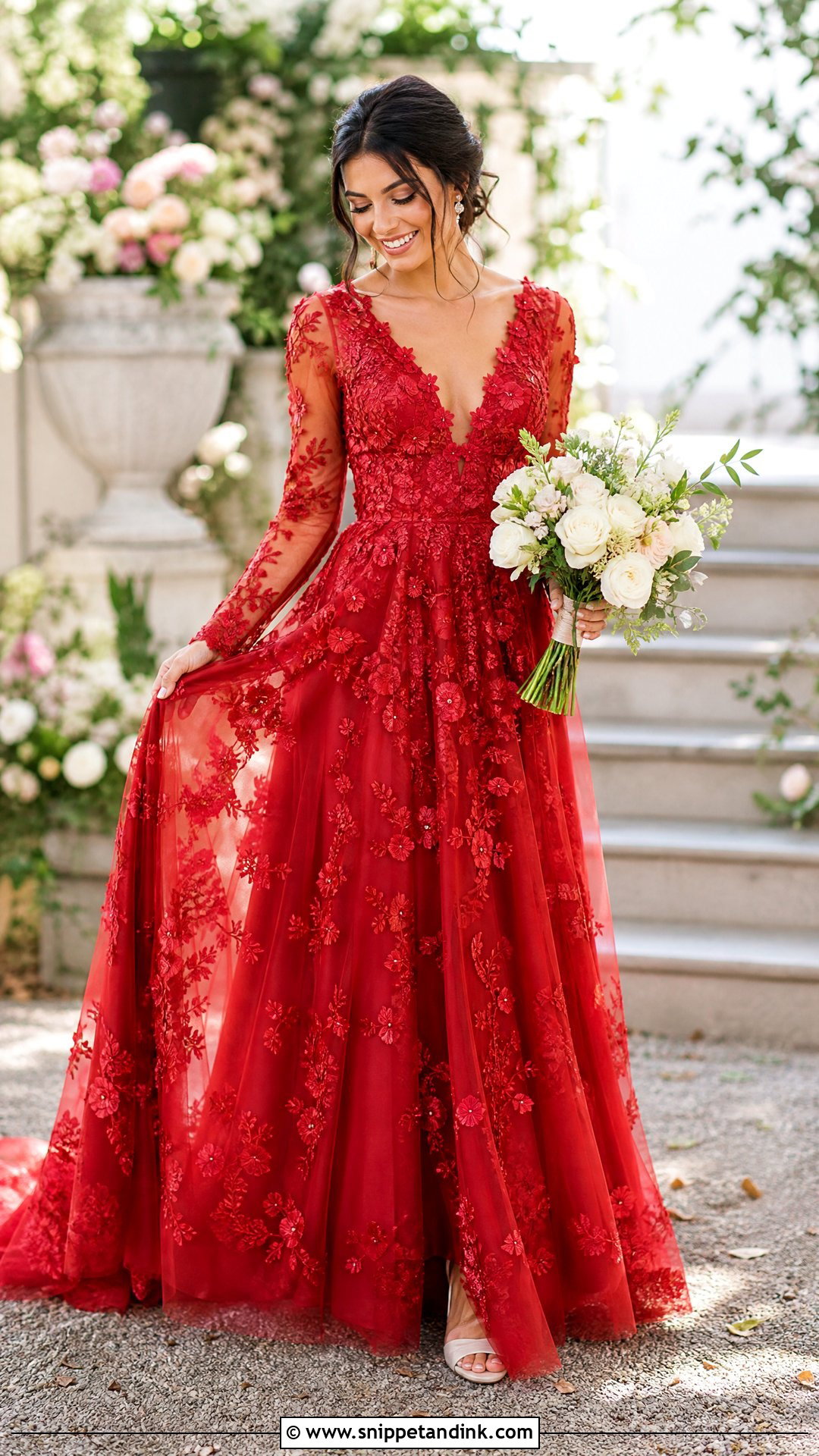 Red Floral Embroidery Bride Dress - Snippet and Ink - 25 Red Bride Dress Ideas