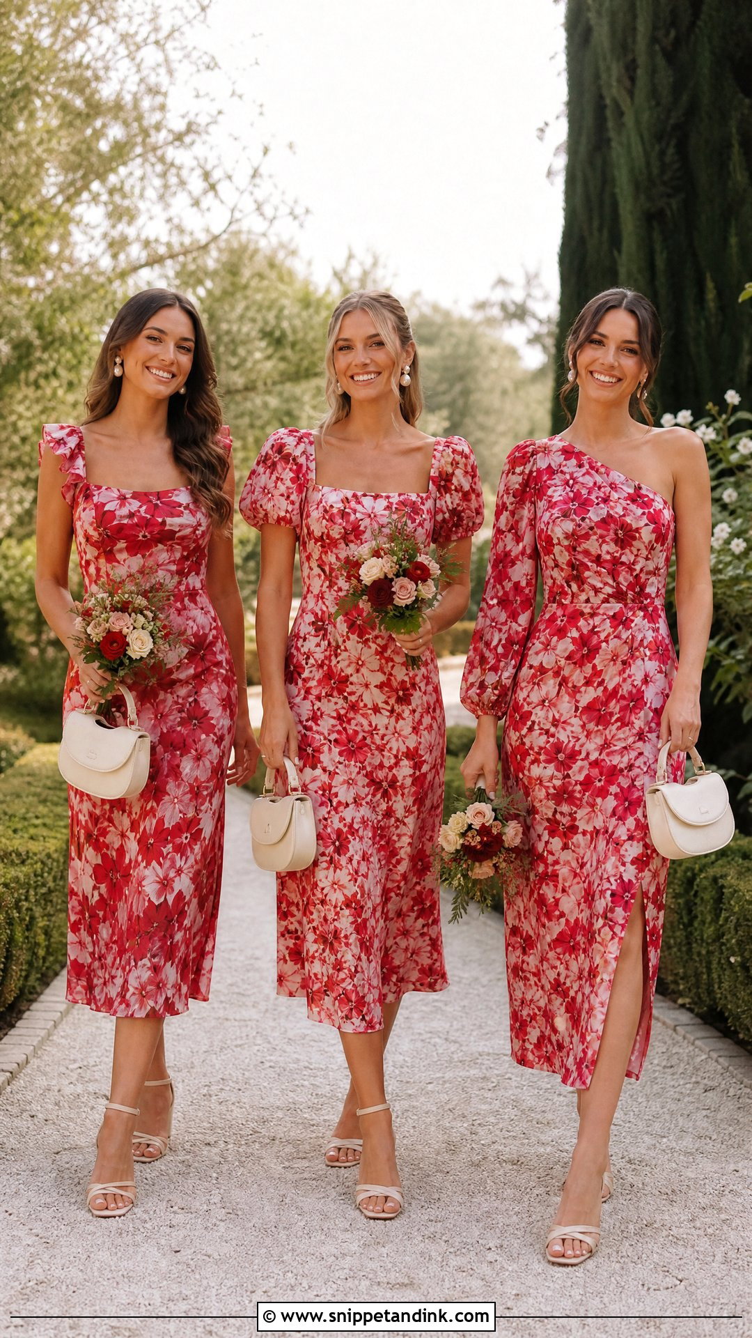 Red Floral Midi Bridal Party Dresses - Snippet and Ink - 20 Red Bridal Party Ideas