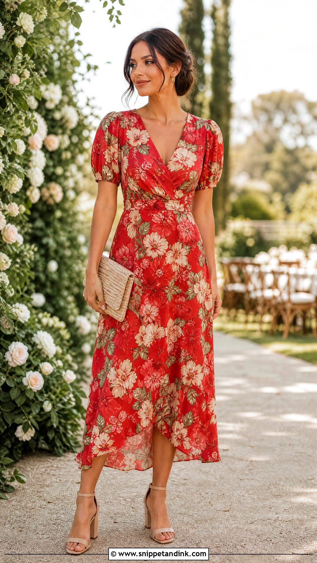 Red Floral Midi Dress for Wedding - Snippet and Ink - 20 Red Dresses for Wedding