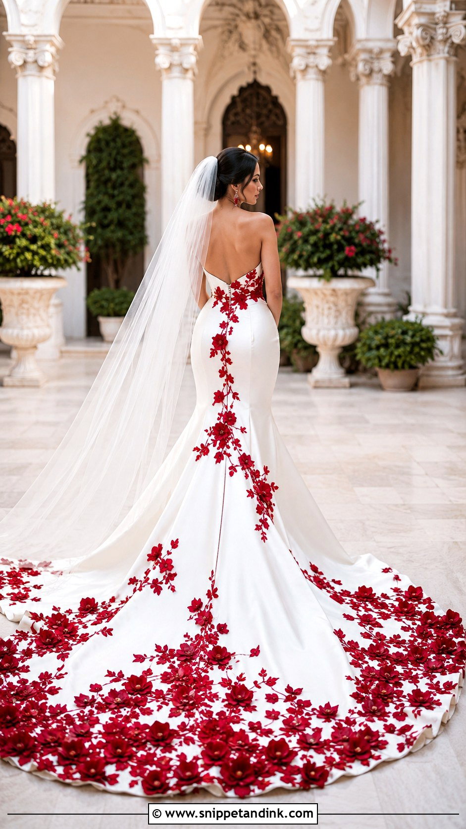 Red Floral Train Wedding Dress - Snippet and Ink - 20 Wedding Dress with Color Accents Ideas