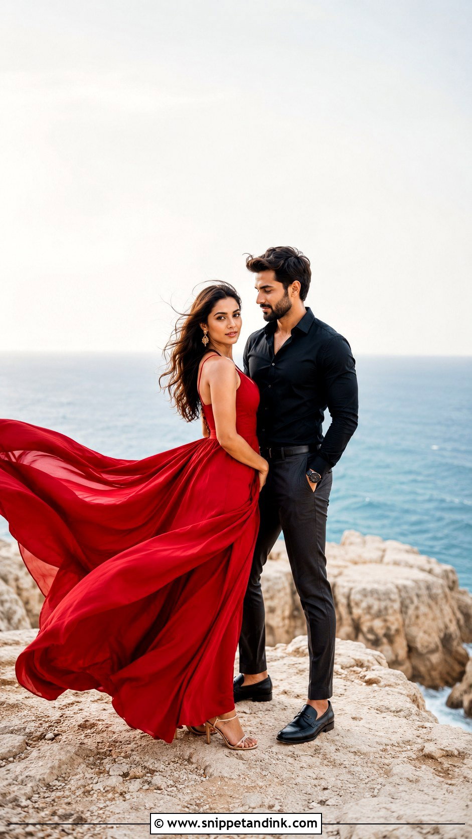 Red Flowing Gown And Black Shirt Outfit - Snippet and Ink - 20 Beach Pre Wedding Shoot Outfit Ideas