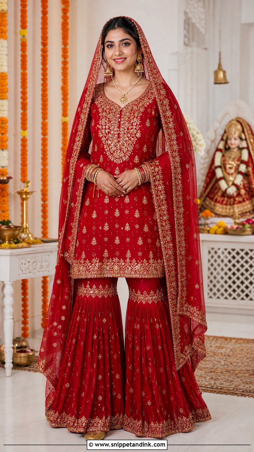 Red Gharara Mata Poojan Look - Snippet and Ink - 20 Mata Poojan Look for Bride Ideas