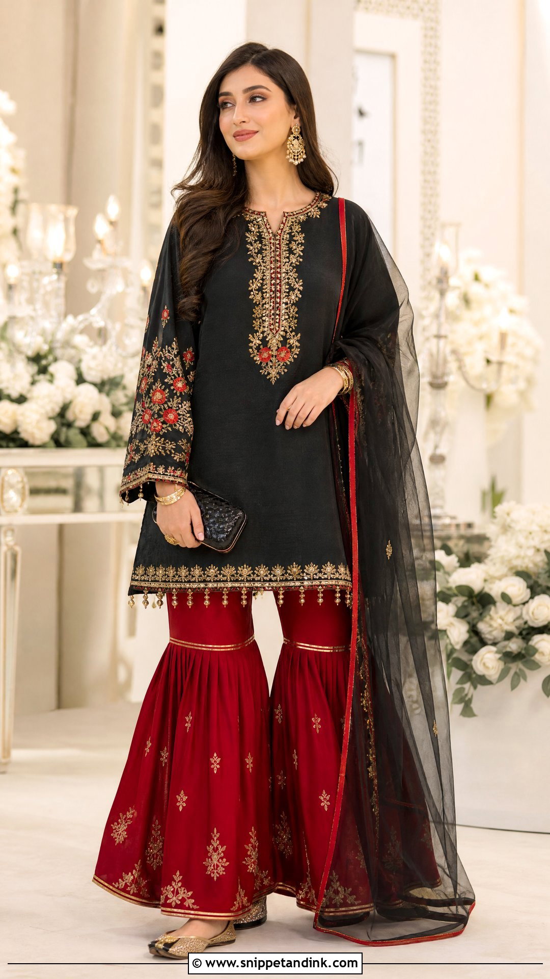 Red Gharara With Black Kurta - Snippet and Ink - 20 Red Gharara Outfit Ideas