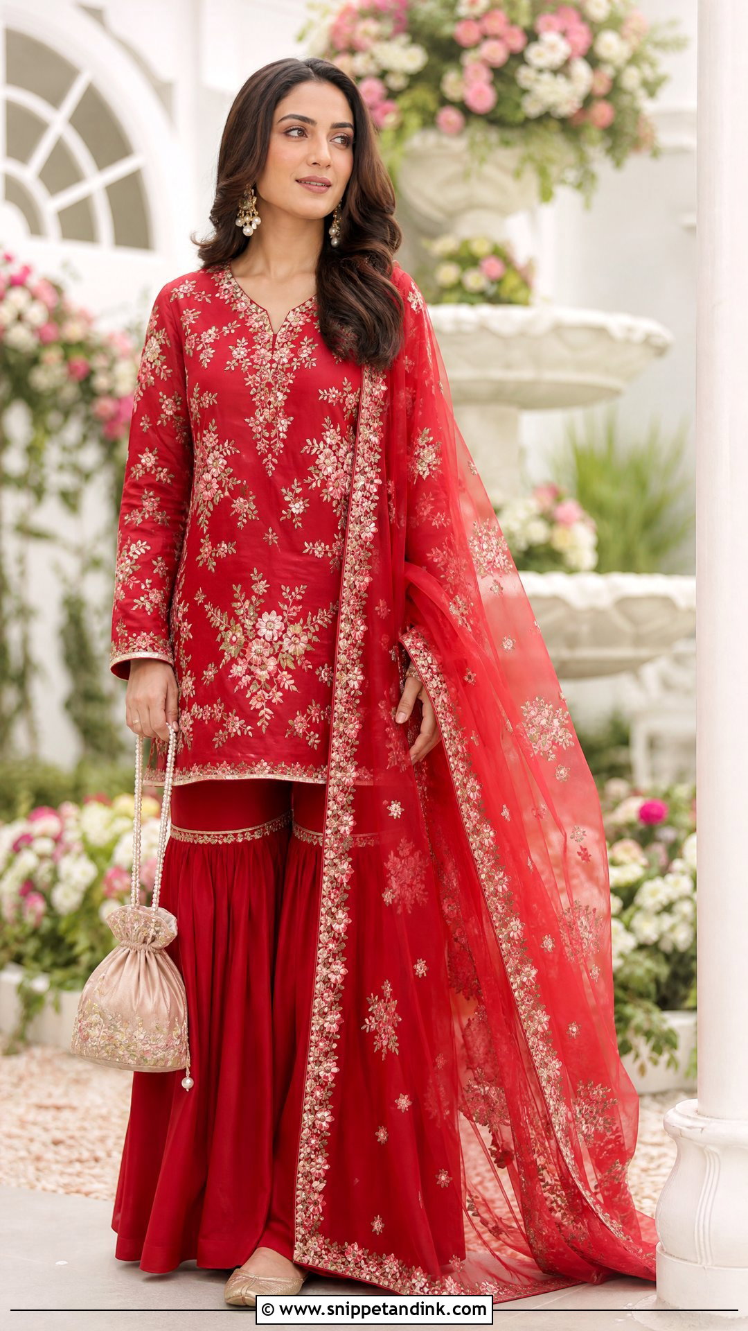 Red Gharara With Floral Kurta - Snippet and Ink - 20 Red Gharara Outfit Ideas