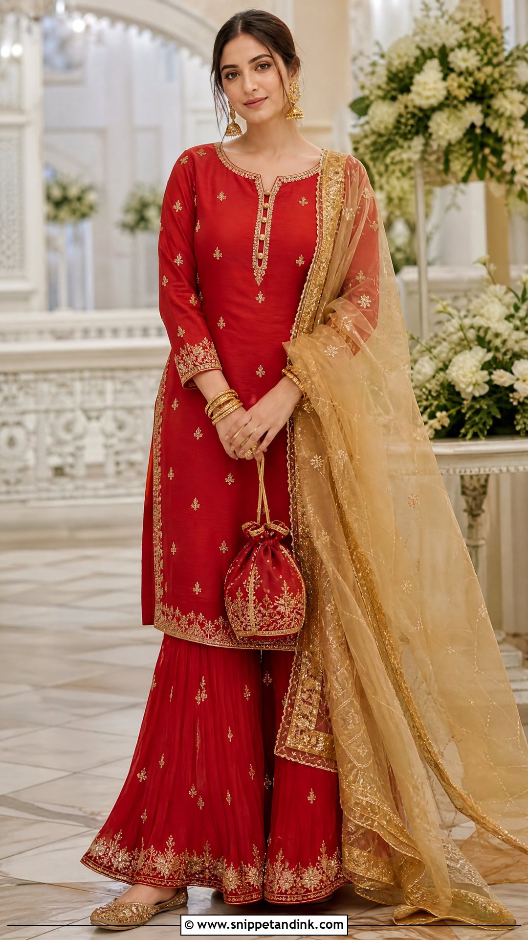 Red Gharara With Gold Dupatta - Snippet and Ink - 20 Red Gharara Outfit Ideas