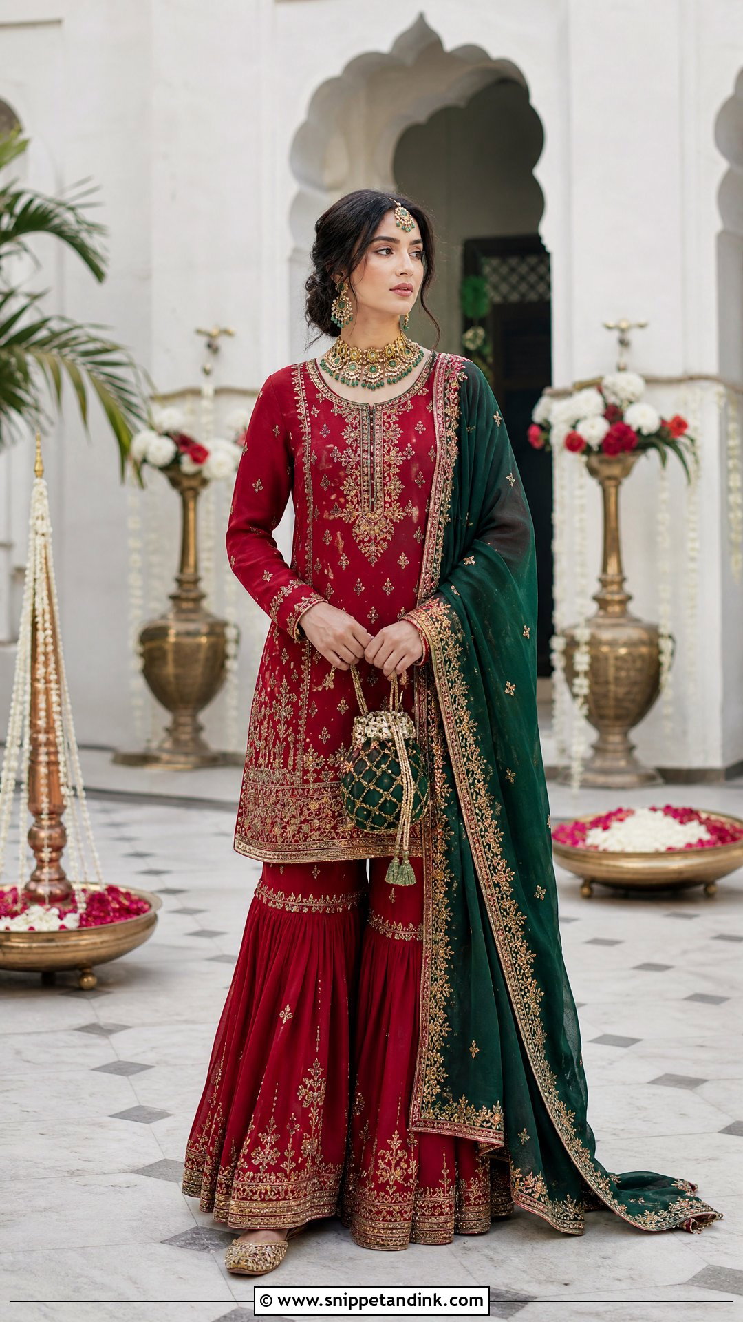 Red Gharara With Green Dupatta - Snippet and Ink - 20 Red Gharara Outfit Ideas