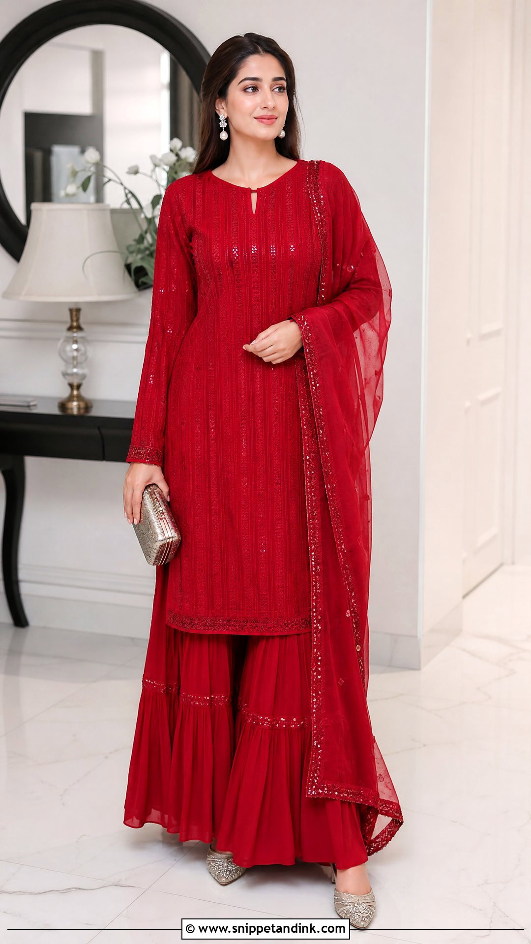 Red Gharara With Long Straight Kurta - Snippet and Ink - 20 Red Gharara Outfit Ideas