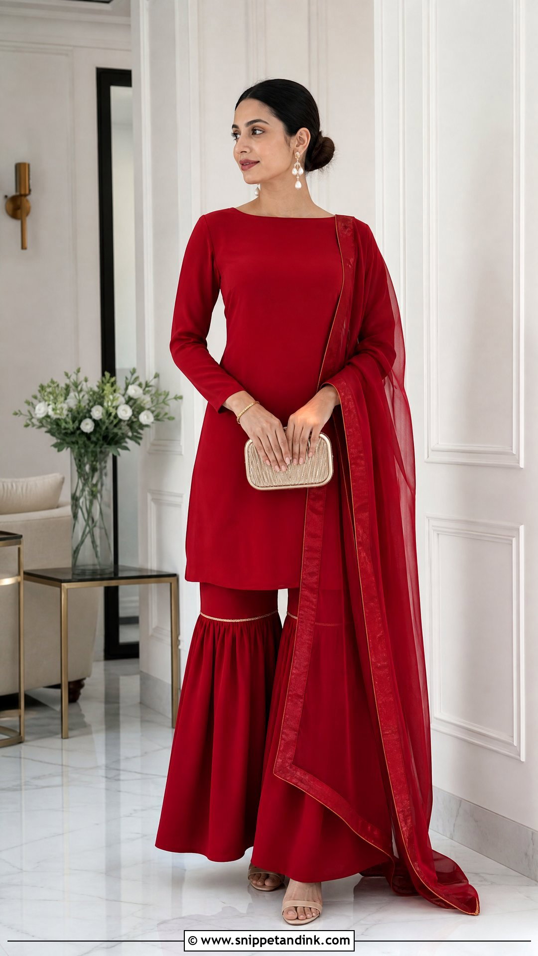 Red Gharara With Minimal Kurta - Snippet and Ink - 20 Red Gharara Outfit Ideas