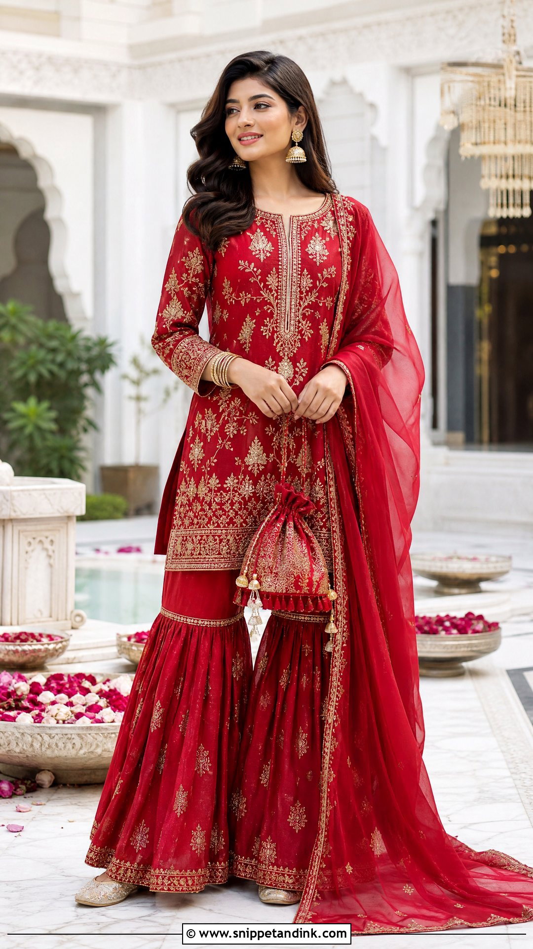 Red Gharara With Short Embroidered Kurta - Snippet and Ink - 20 Red Gharara Outfit Ideas