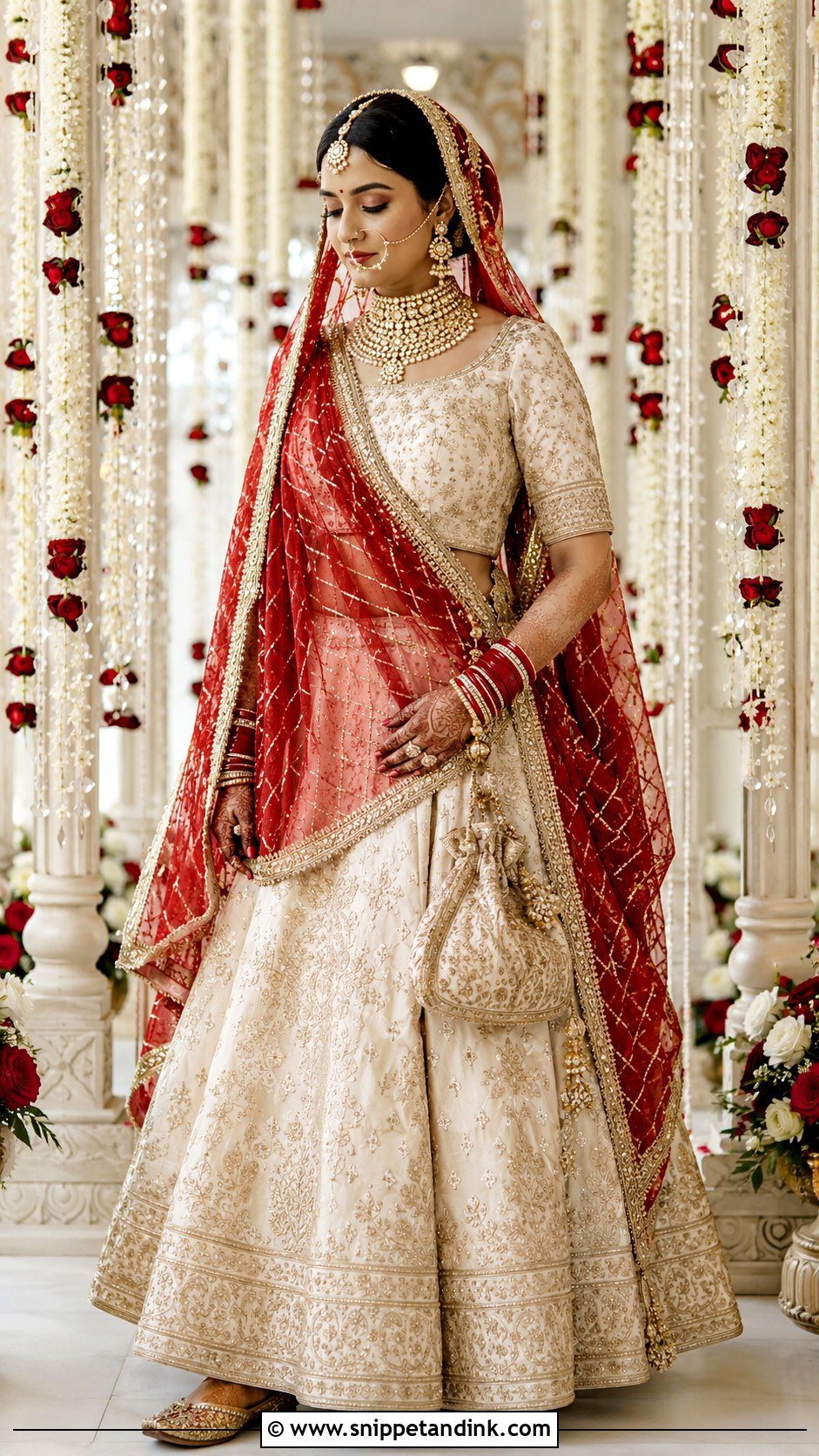 Red Gota Patti Chundadi With Ivory Lehenga - Snippet and Ink - 20 Chundadi Design for Marriage Ideas