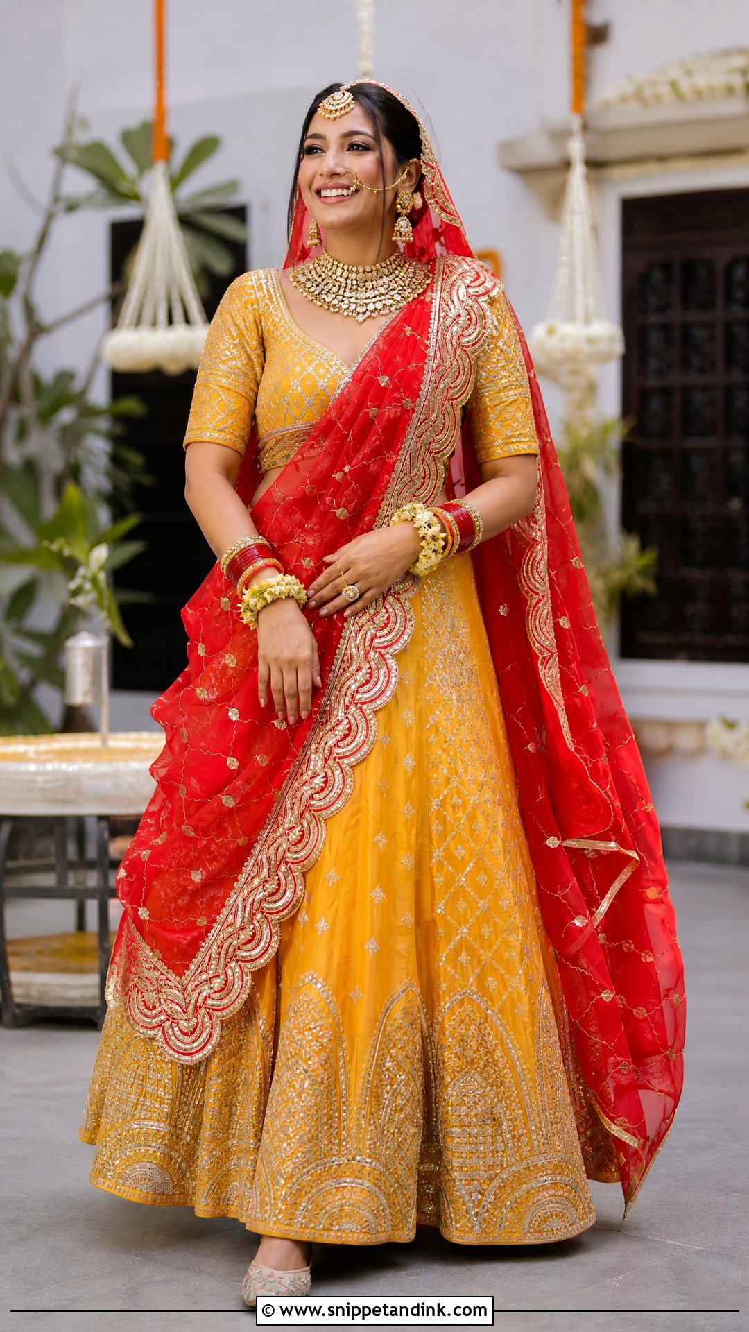 Red Gota Patti Dupatta With Yellow Lehenga - Snippet and Ink - 20 Red Dupatta for Bride Ideas