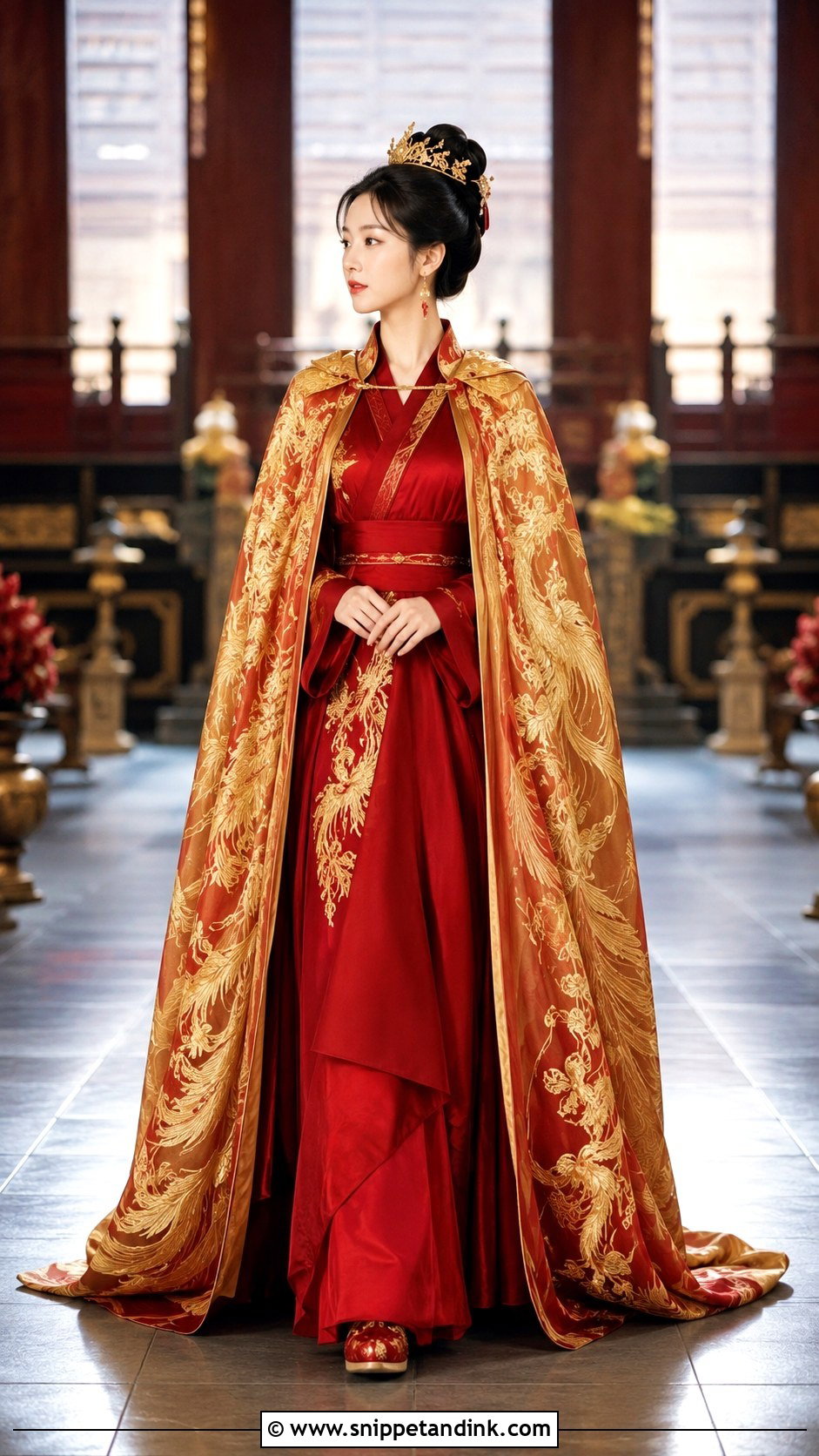 Red Hanfu With Gold Cape - Snippet and Ink - 20 China Wedding Dress Ideas