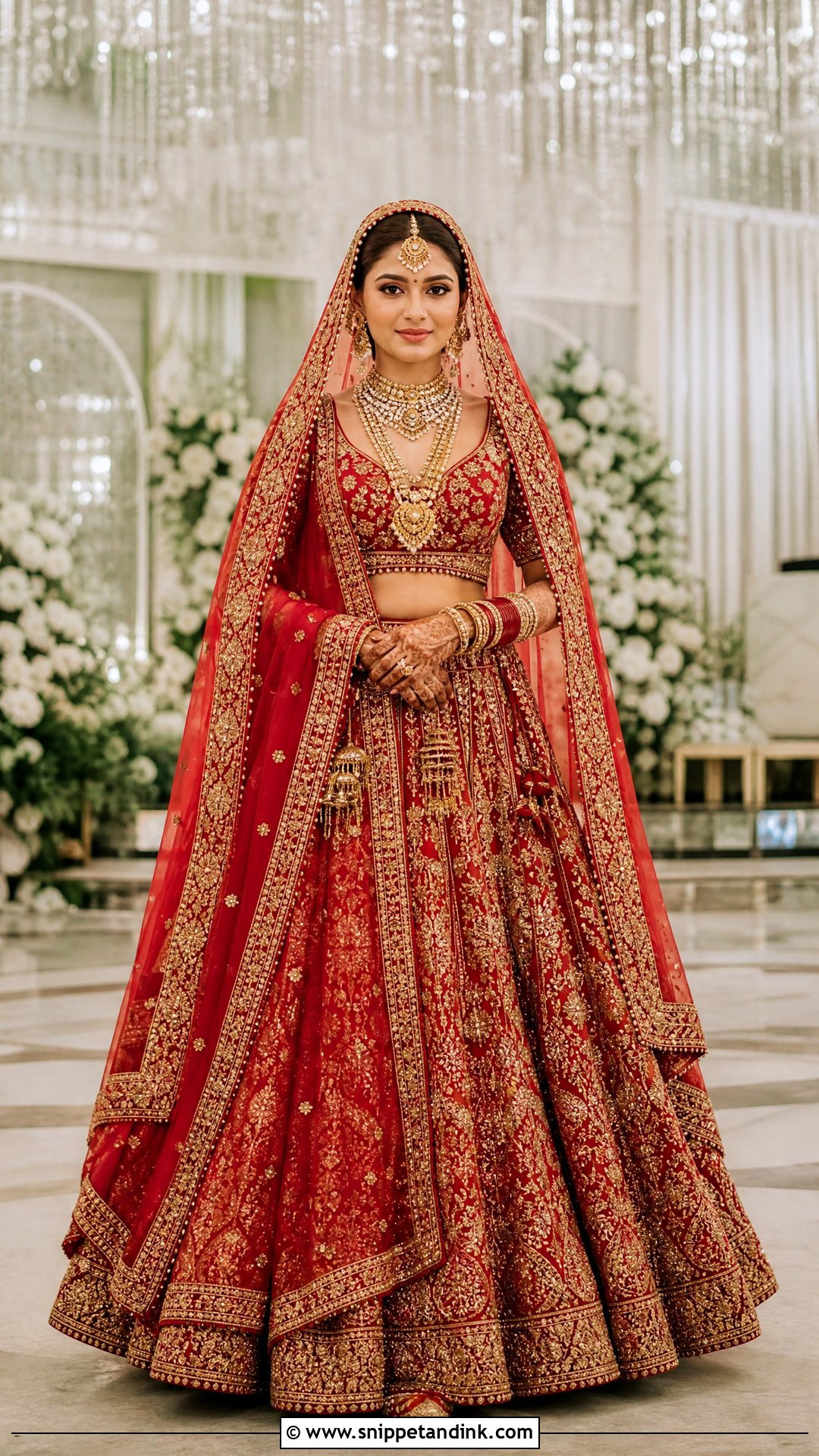 Red Heavy Bridal Lehenga With Gold Jewelry - Snippet and Ink - 20 Heavy Dress for Wedding Ideas