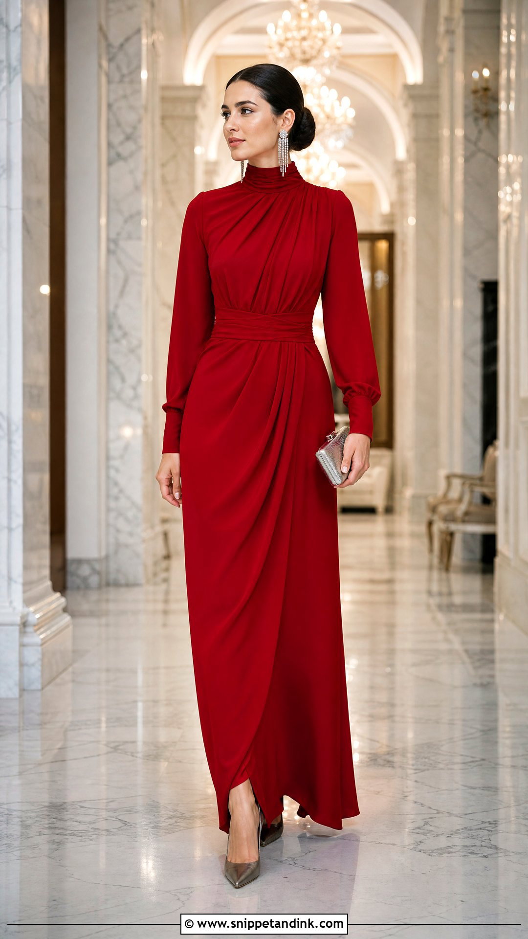 Red High Neck Draped Maxi Dress for Wedding - Snippet and Ink - 25 Red Dress for Wedding Ideas