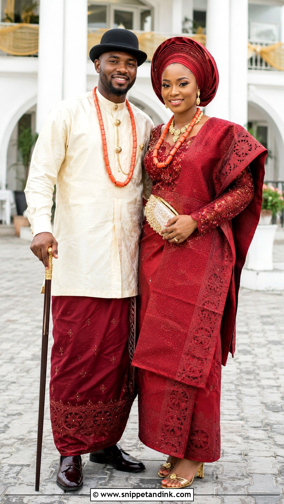 Red Isoko Bride And Cream Groom Outfit - Snippet and Ink - 20 Isoko Traditional Wedding Attire Ideas