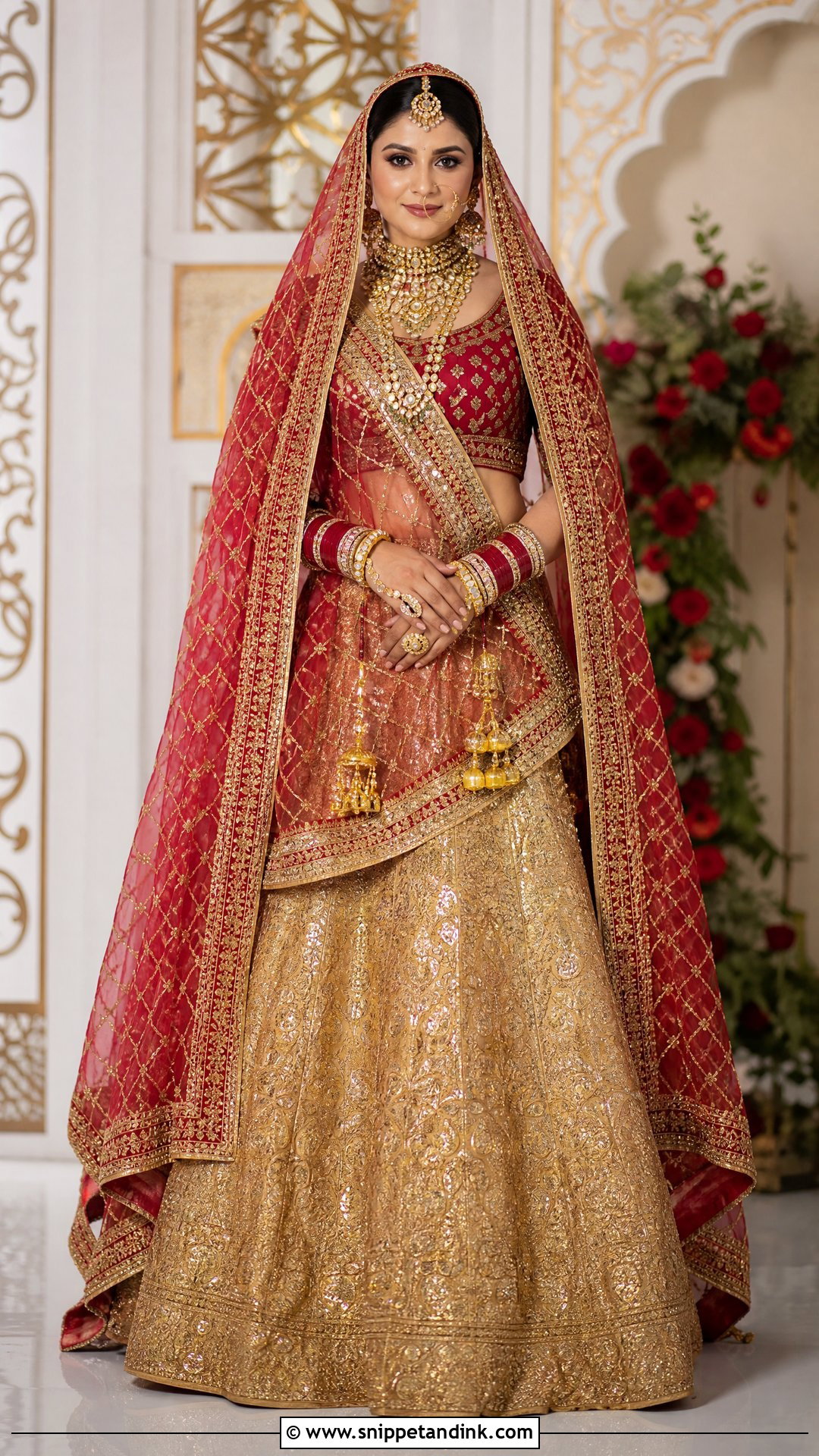 Red Jaal Dupatta With Gold Embroidered Lehenga - Snippet and Ink - 20 Red Dupatta for Bride Ideas