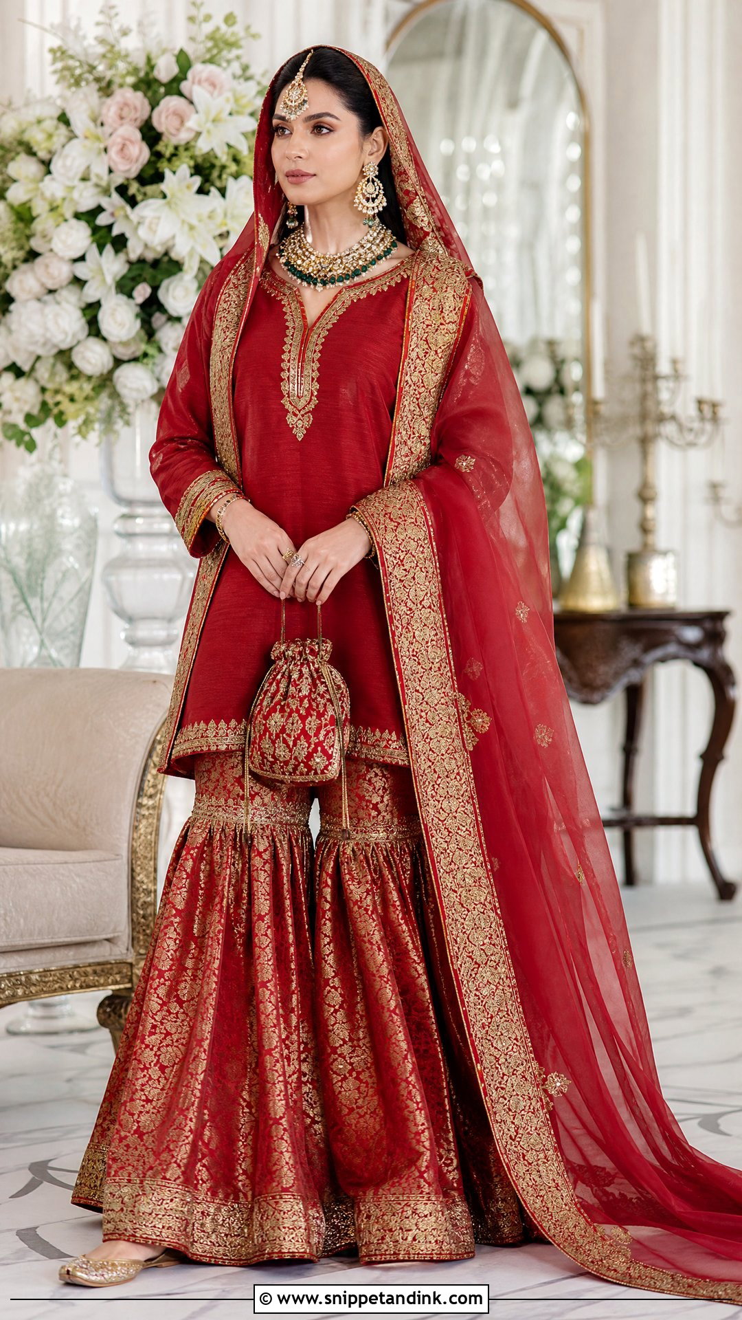 Red Jamawar Garara With Plain Kameez - Snippet and Ink - 20 Red Garara Dress Pakistani Bridal Ideas