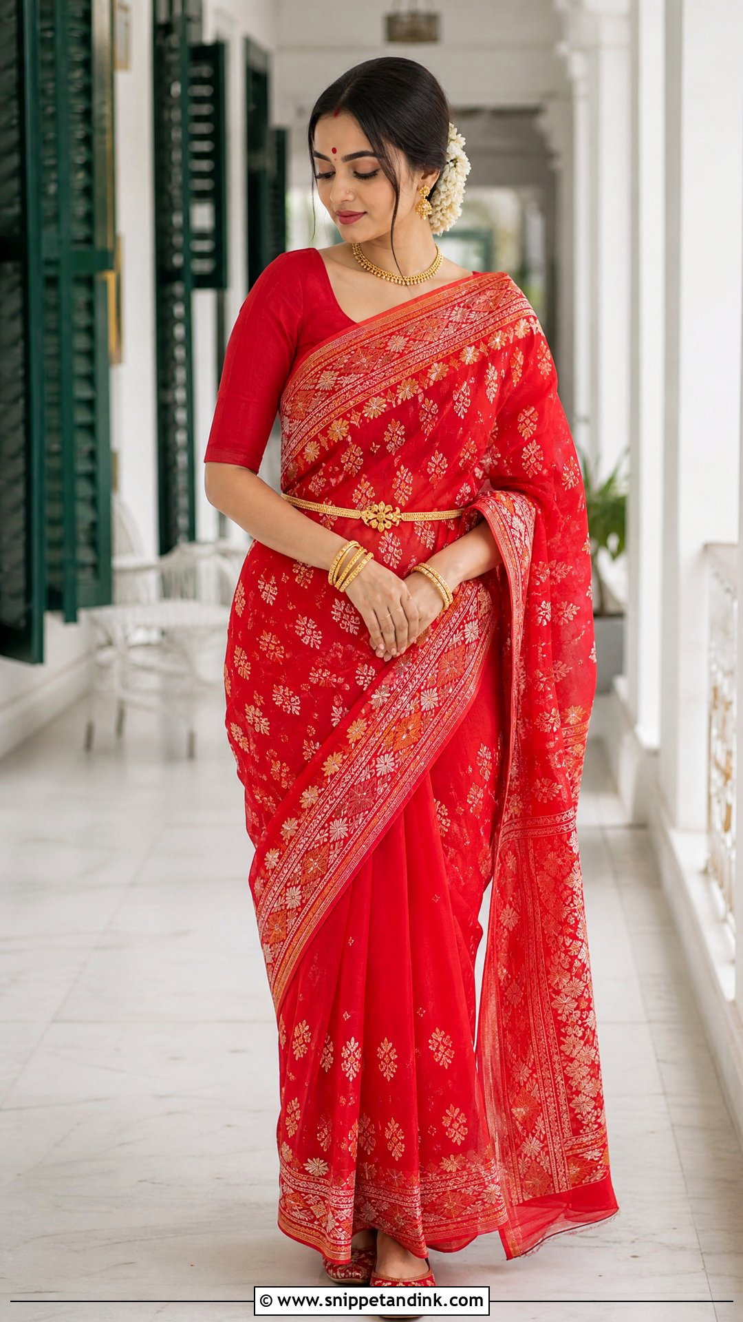 Red Jamdani Bengali Bride Look - Snippet and Ink - 20 Simple Bengali Bride Ideas
