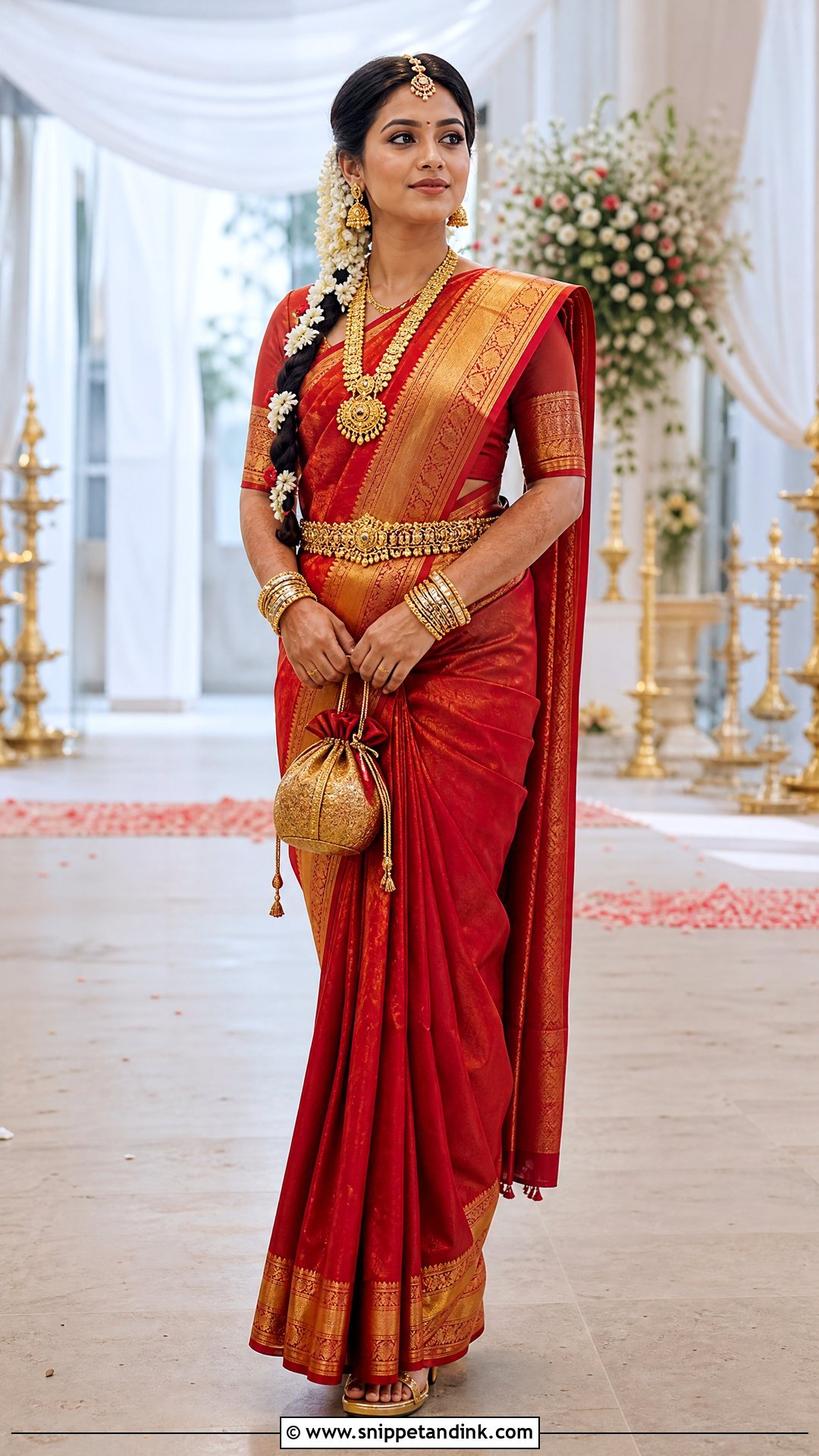 Red Kanjeevaram Bridal Saree With Gold Accessories - Snippet and Ink - 20 Red Bridal Outfit Ideas
