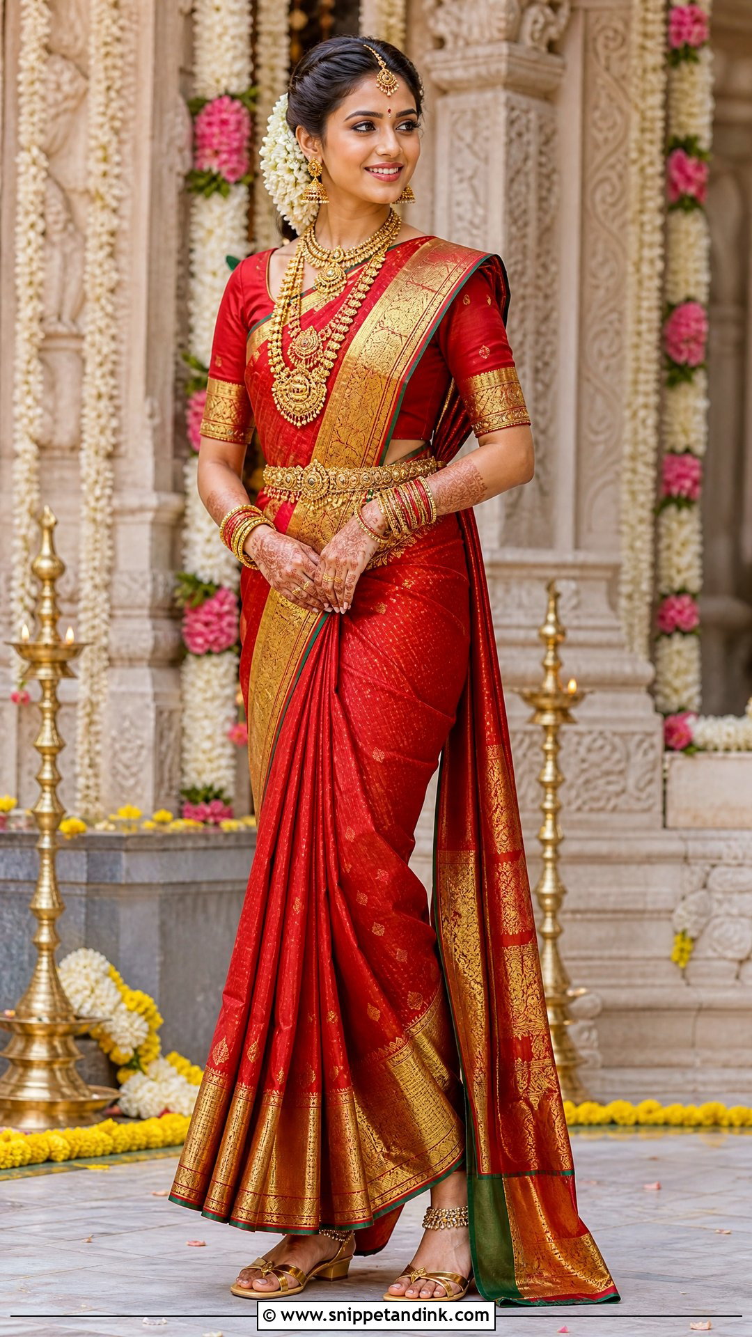 Red Kanjeevaram Indian Bridal Saree - Snippet and Ink - 20 Indian Bridal Wedding Dresses