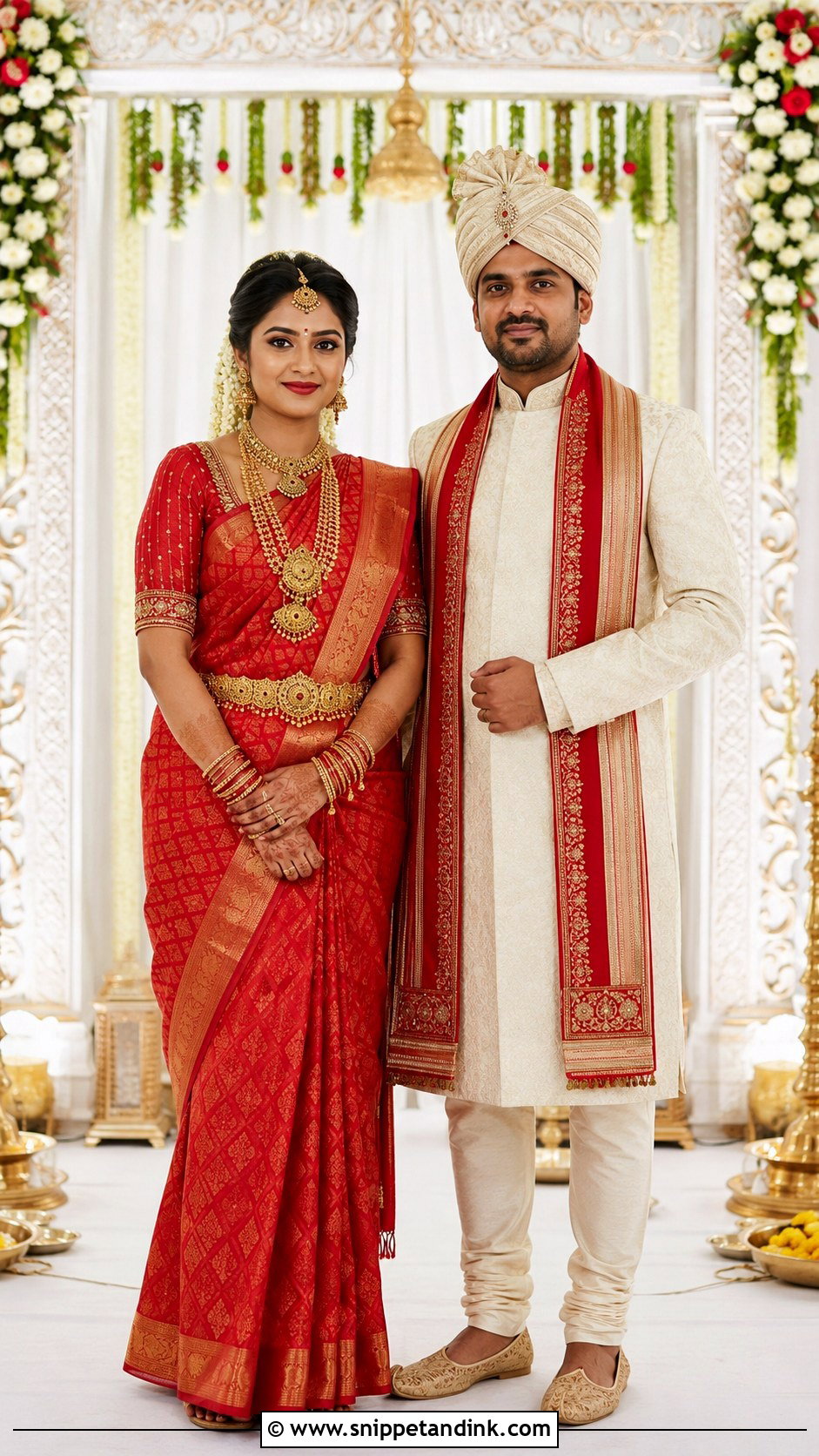 Red Kanjeevaram Saree And Cream Sherwani Outfit - Snippet and Ink - 20 Indian Couple Wedding Outfit Ideas
