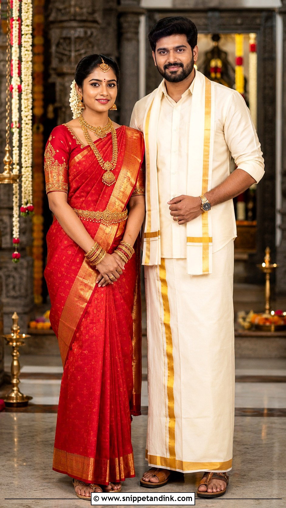 Red Kanjeevaram Saree And Cream Veshti - Snippet and Ink - 20 Couple Matching Dress Indian Wedding Ideas
