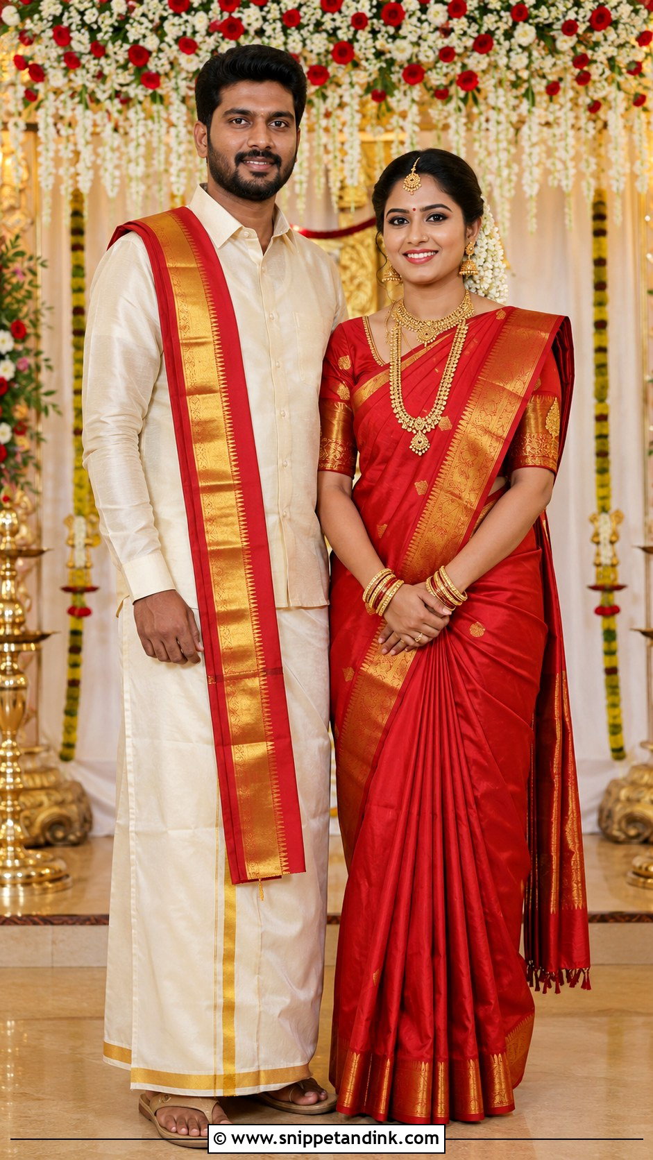 Red Kanjeevaram Saree And Cream Veshti - Snippet and Ink - 20 Couple Matching Outfits Indian Wedding