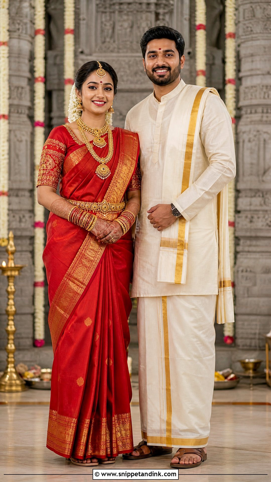 Red Kanjeevaram Sari And Cream Veshti Couple Outfit - Snippet and Ink - 20 Indian Bridal Couple Dress Ideas