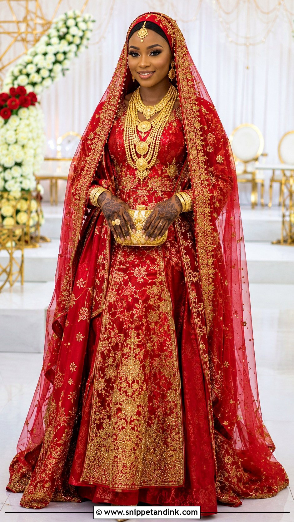 Red Kanuri Bridal Gown With Gold Jewelry - Snippet and Ink - 20 Kanuri Bride Ideas