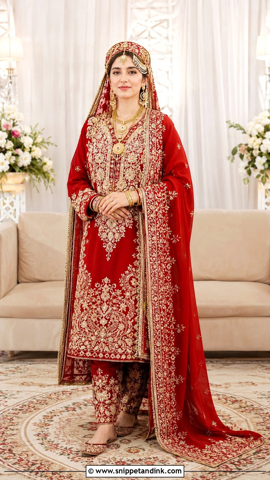 Red Kashmiri Bridal Pheran With Kasaba - Snippet and Ink - 20 Kashmiri Wedding Dress Ideas