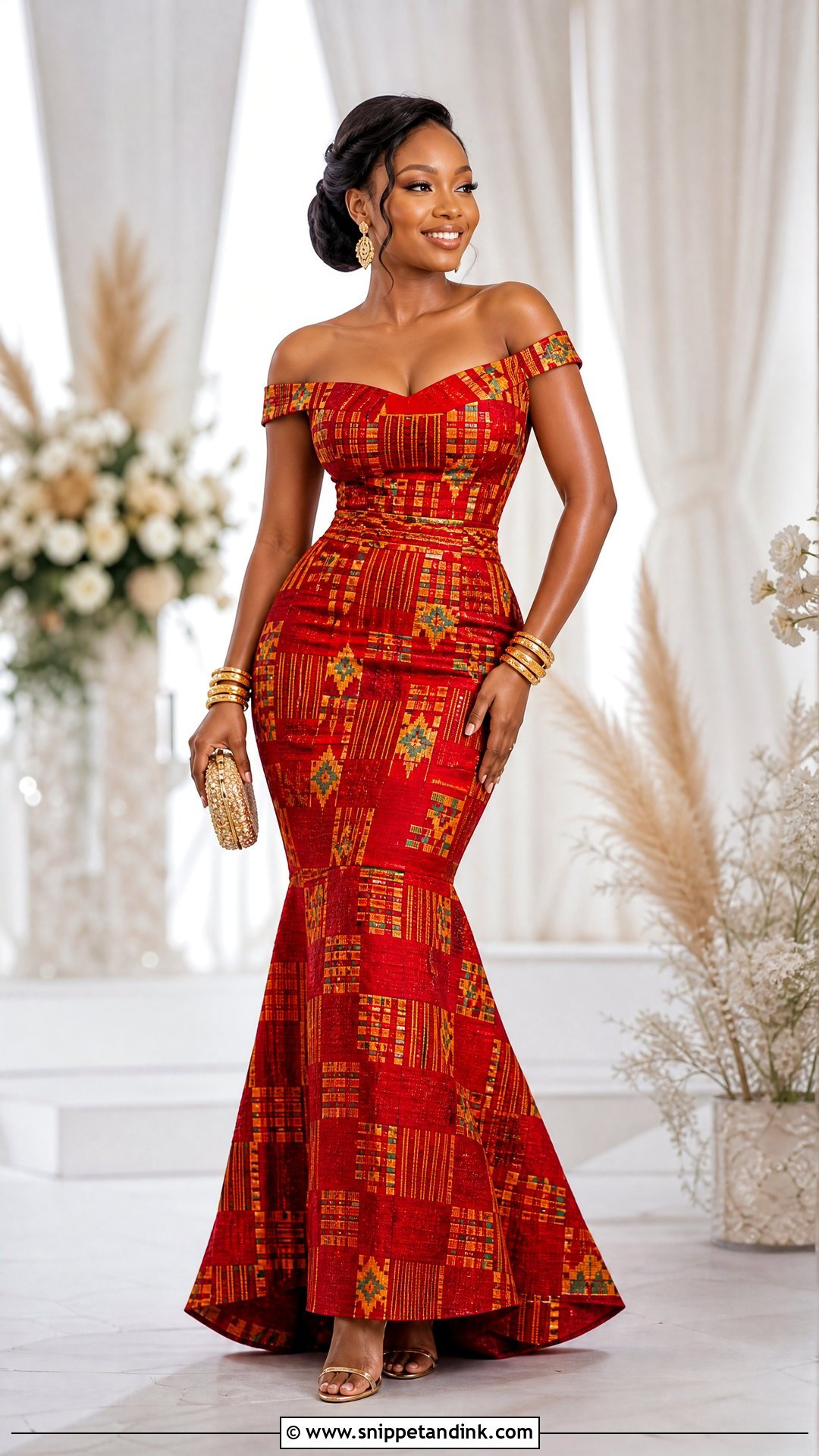 Red Kente Off Shoulder Wedding Dress - Snippet and Ink - 25 Kente Wedding Dress Ideas