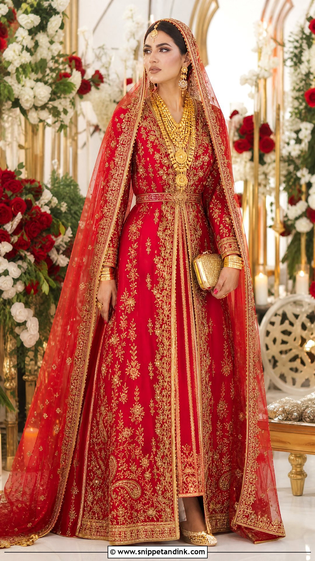Red Khaleeji Wedding Dress With Gold Jewelry - Snippet and Ink - 20 Khaleeji Wedding Dresses
