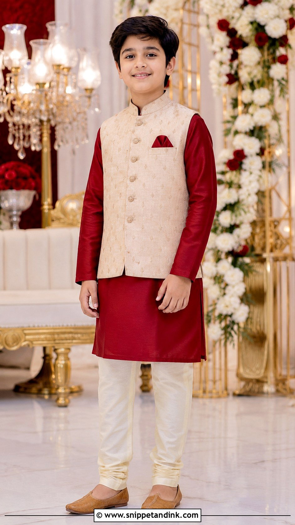 Red Kurta Pajama With Beige Jacket - Snippet and Ink - 20 Kurta for Boys Wedding Ideas